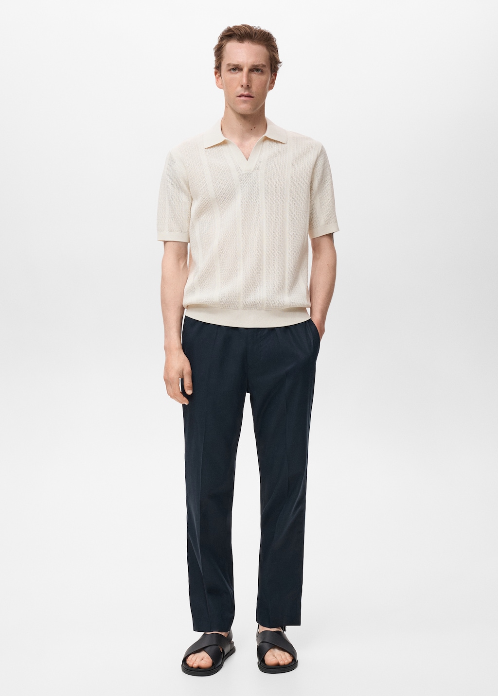 Knitted cotton polo shirt with lace pattern