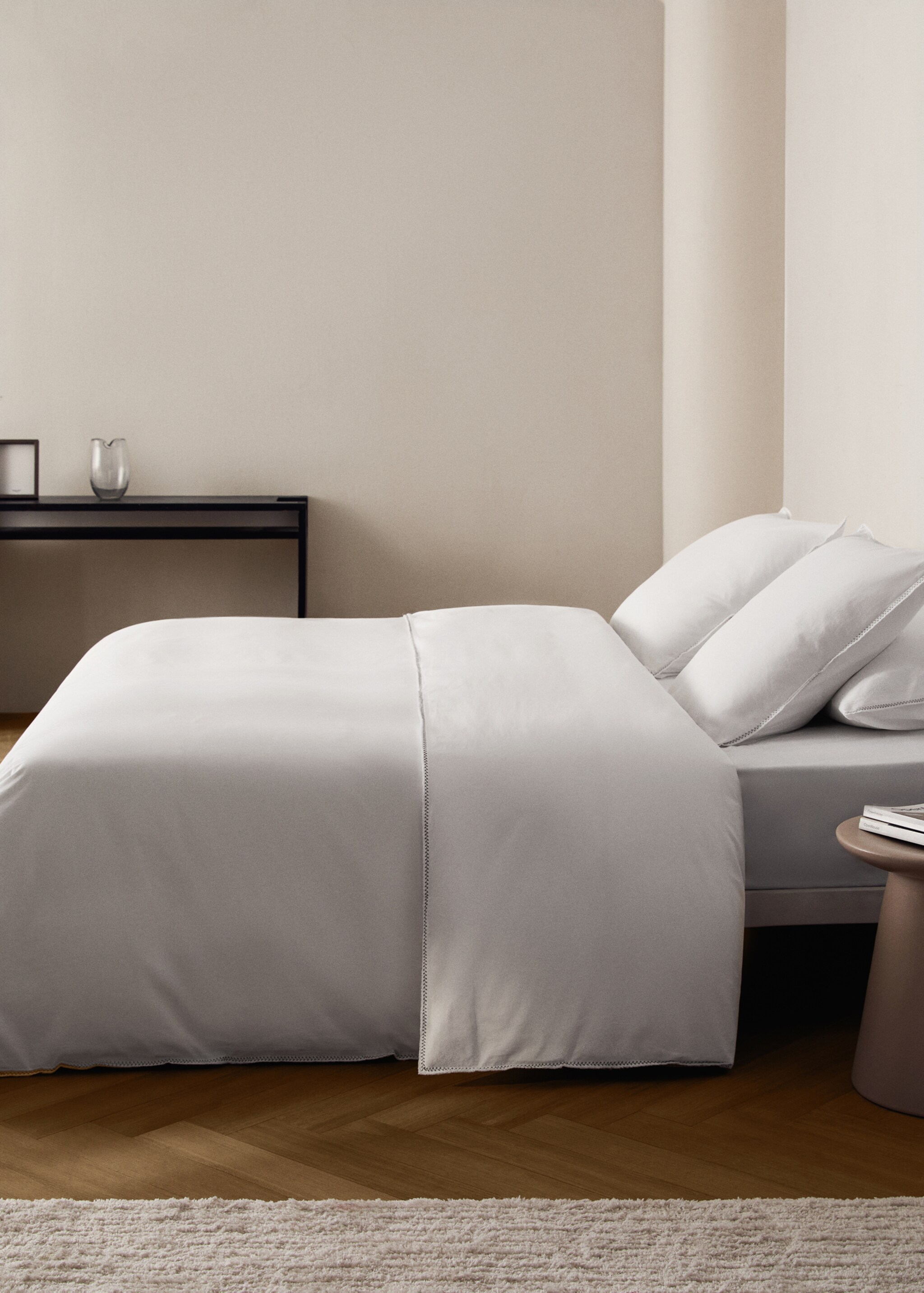 Washed percale cotton duvet cover with zigzag stitching for 90 cm bed - General plane, Off White. Ref: 17031525-00.