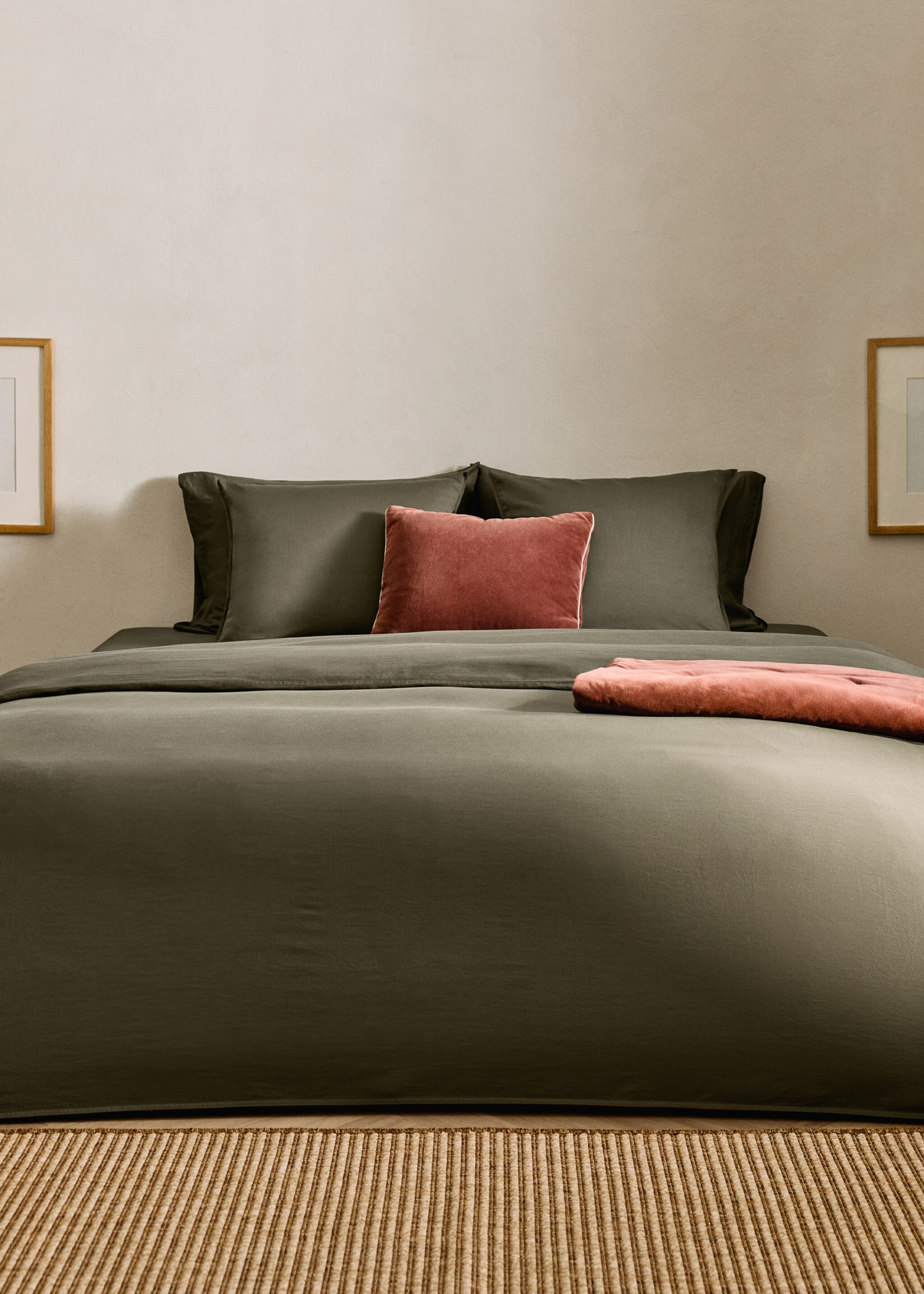 Bettbezug aus Baumwoll-Perkal mit Fadendichte 500 und rundem Paspeldetail für 90 cm Bett - Allgemeine Ansicht, Olivengrün. Ref: 17031537-00.