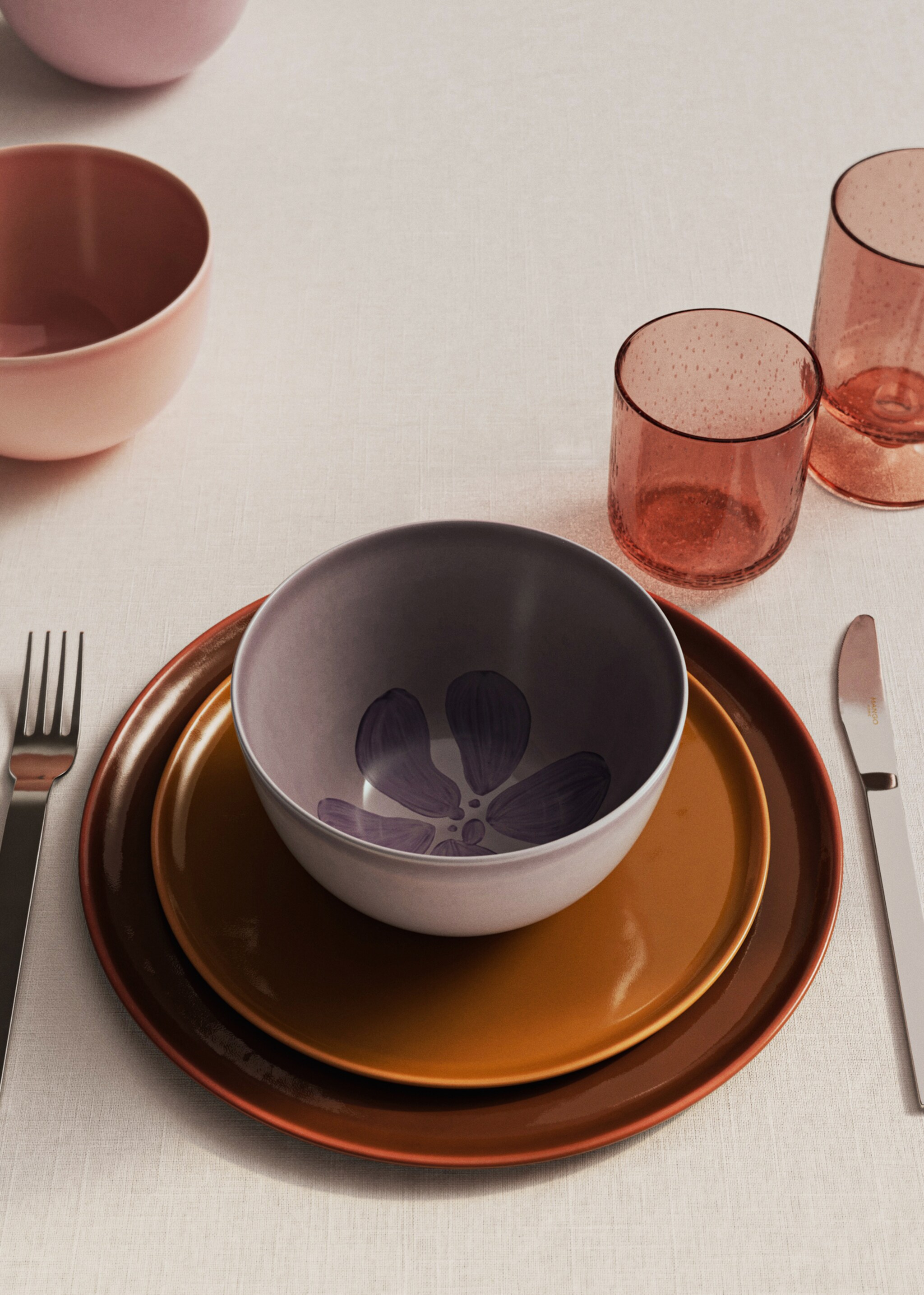 Stoneware bowl with hand-painted design - General plane, Plum. Ref: 17032034-00.