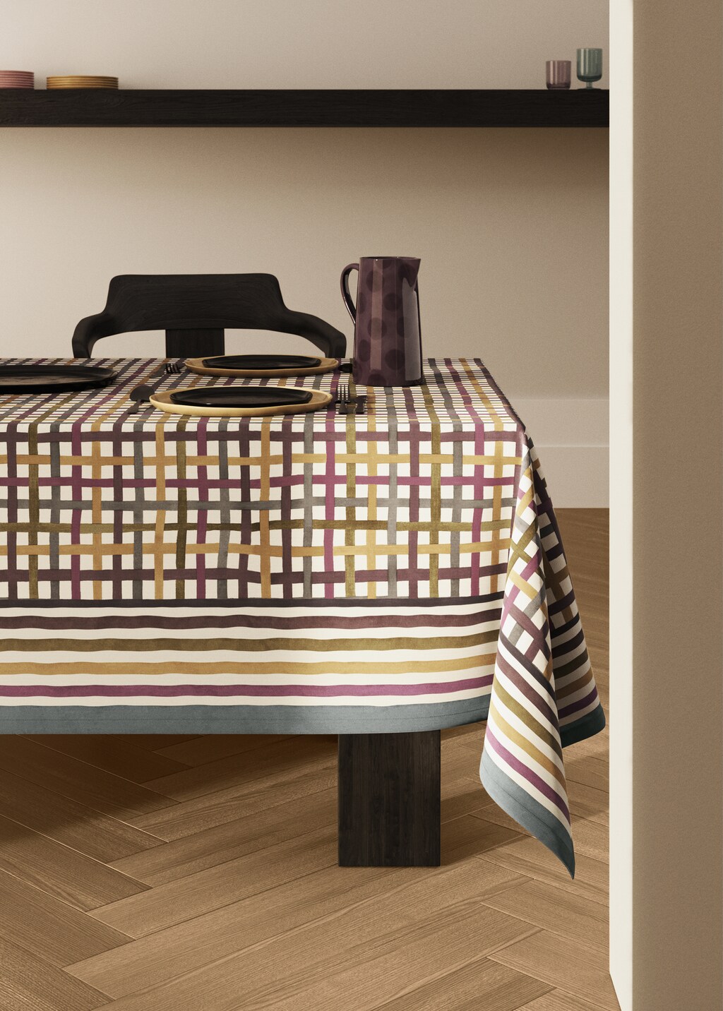 Multi-colored checked resin-coated tablecloth for 2 to 4 diners