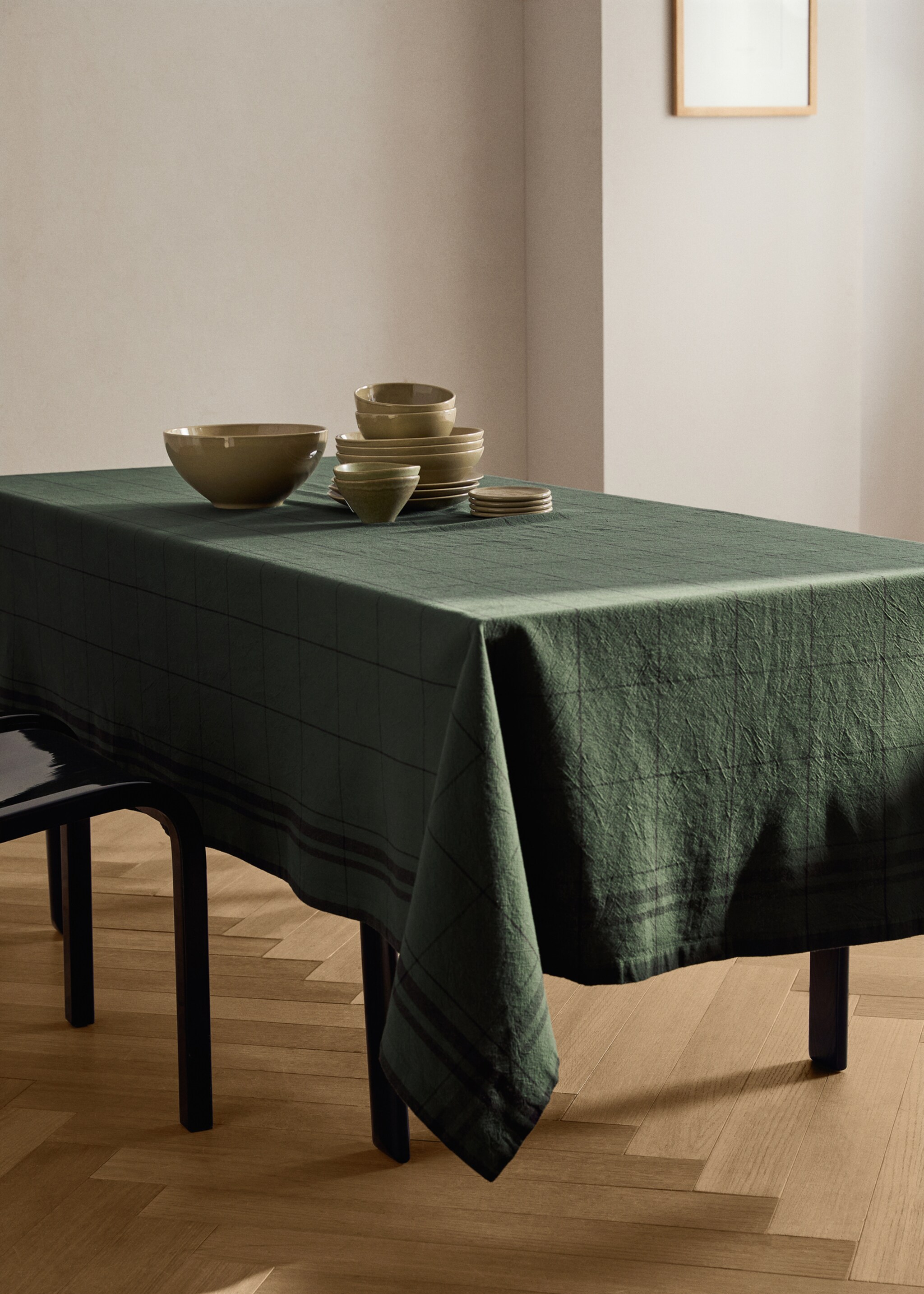 Overdyed cotton checked tablecloth for 2-4 diners - General plane, Khaki. Ref: 17034126-00.
