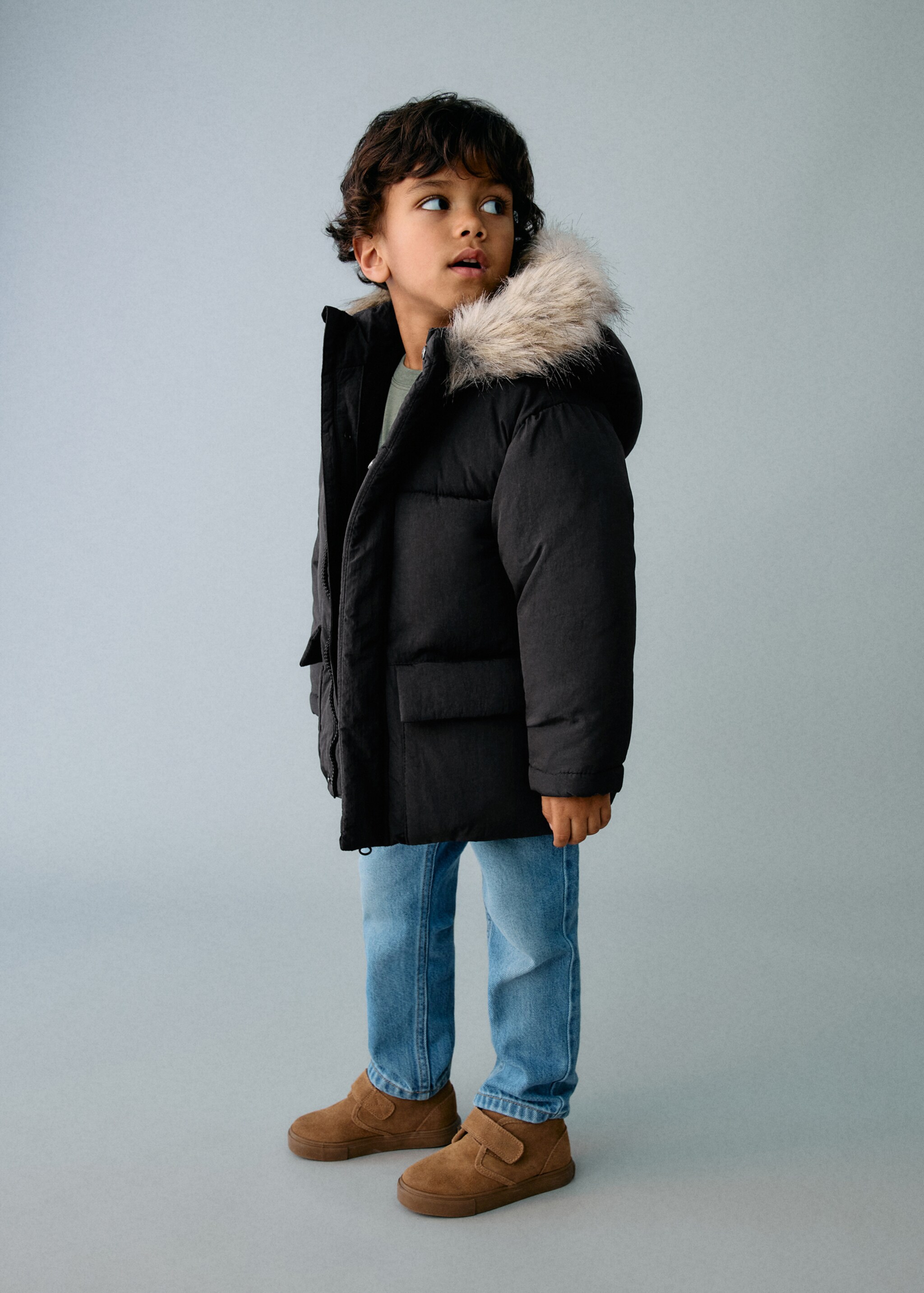 Puffer coat with fur-effect hood - General plane, Black. Ref: 17035788-00.