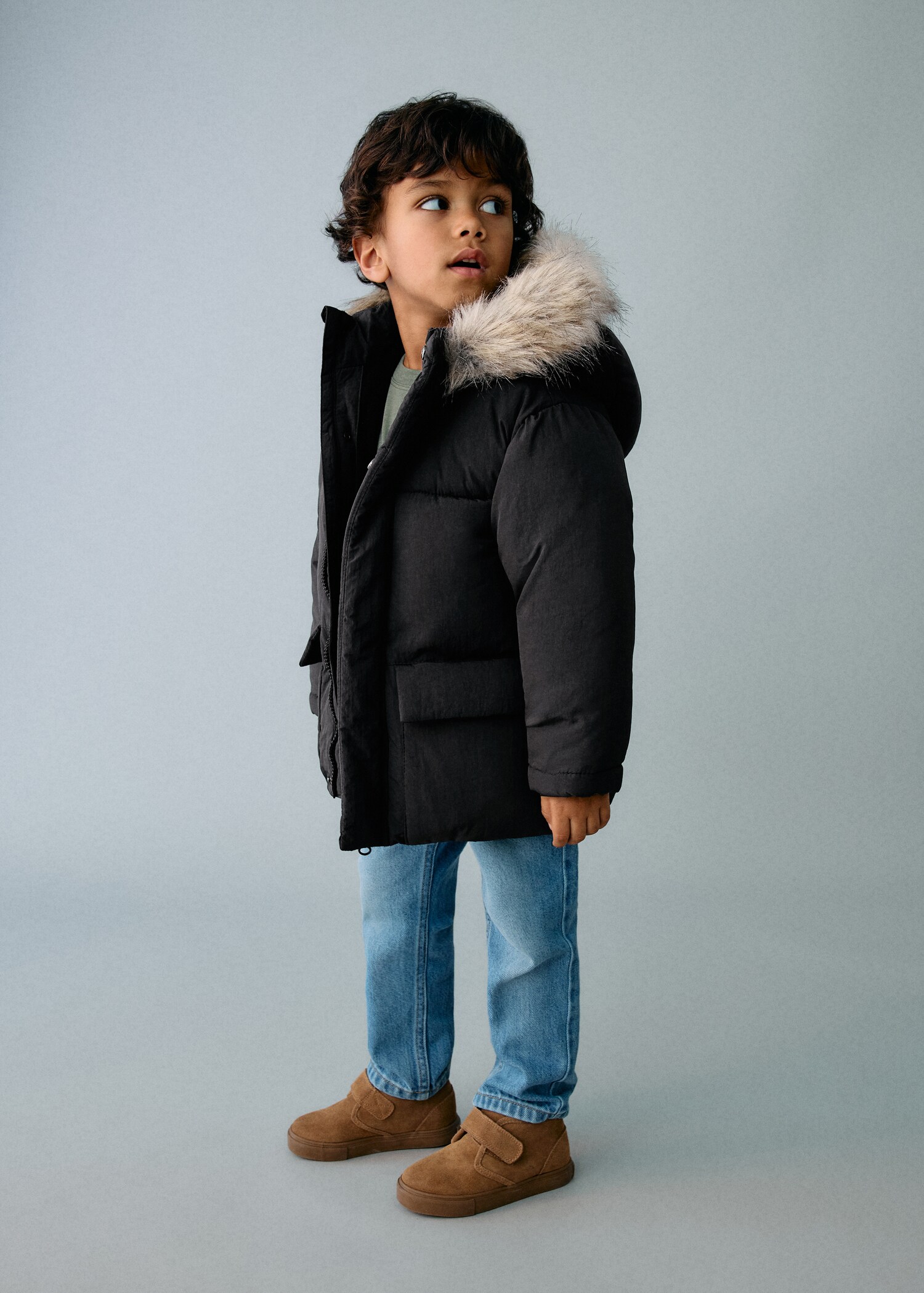 Puffer coat with fur-effect hood - General plane