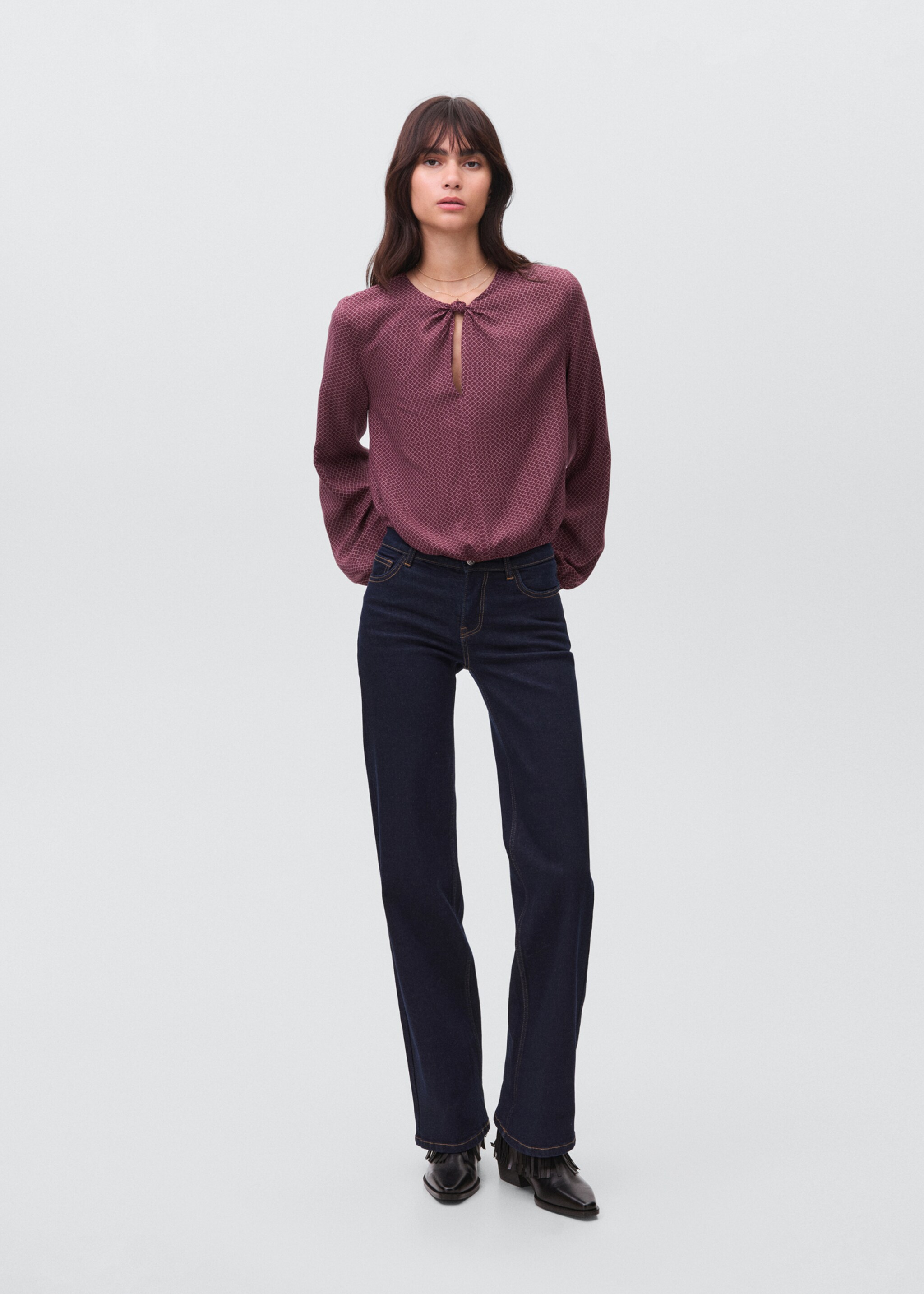 Puff-sleeved blouse with knot - General plane, Maroon. Ref: 17035793-00.