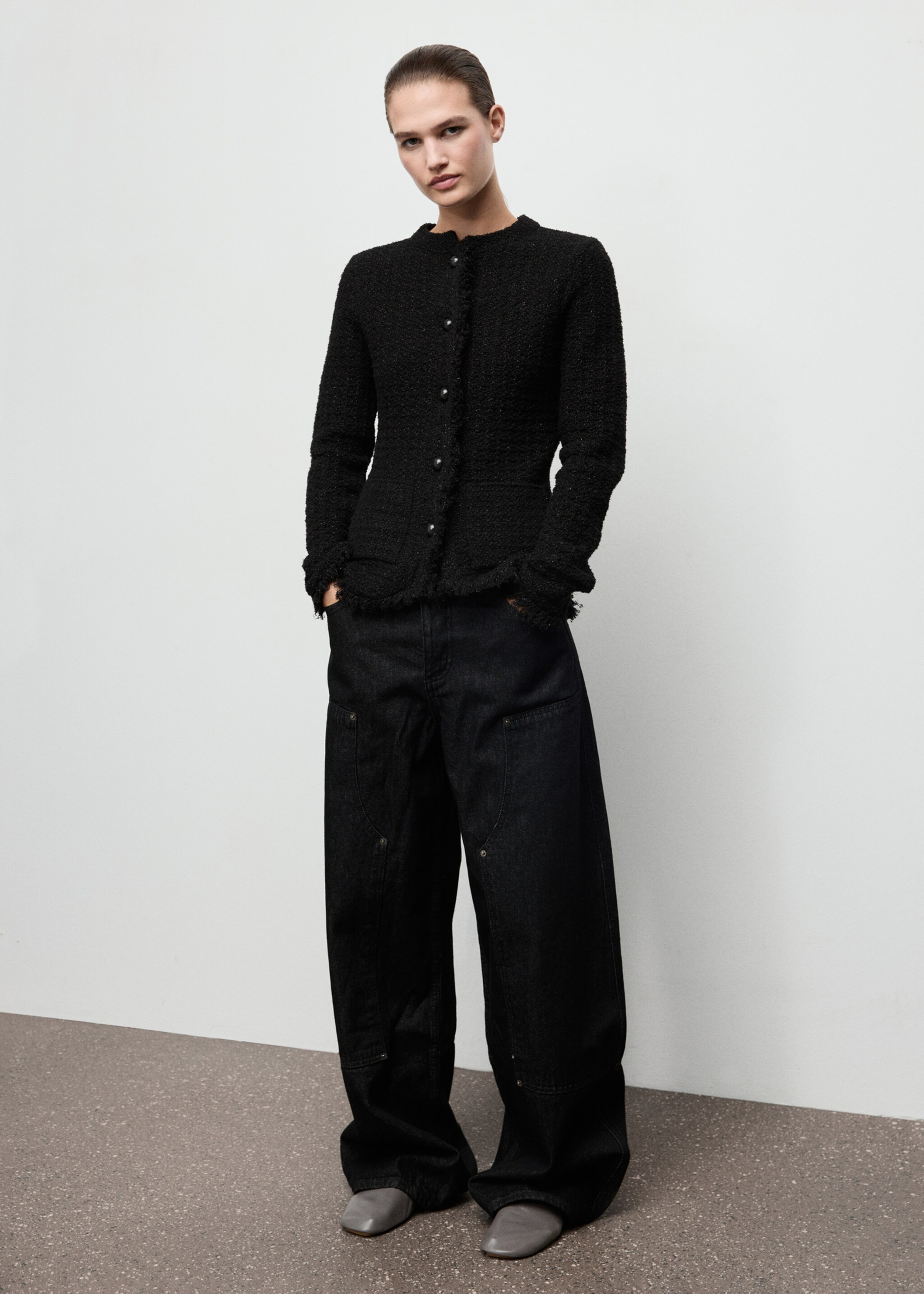 Tweed-Cardigan mit ausgefransten Abschlüssen - Allgemeine Ansicht, Schwarz. Ref: 17035826-00.