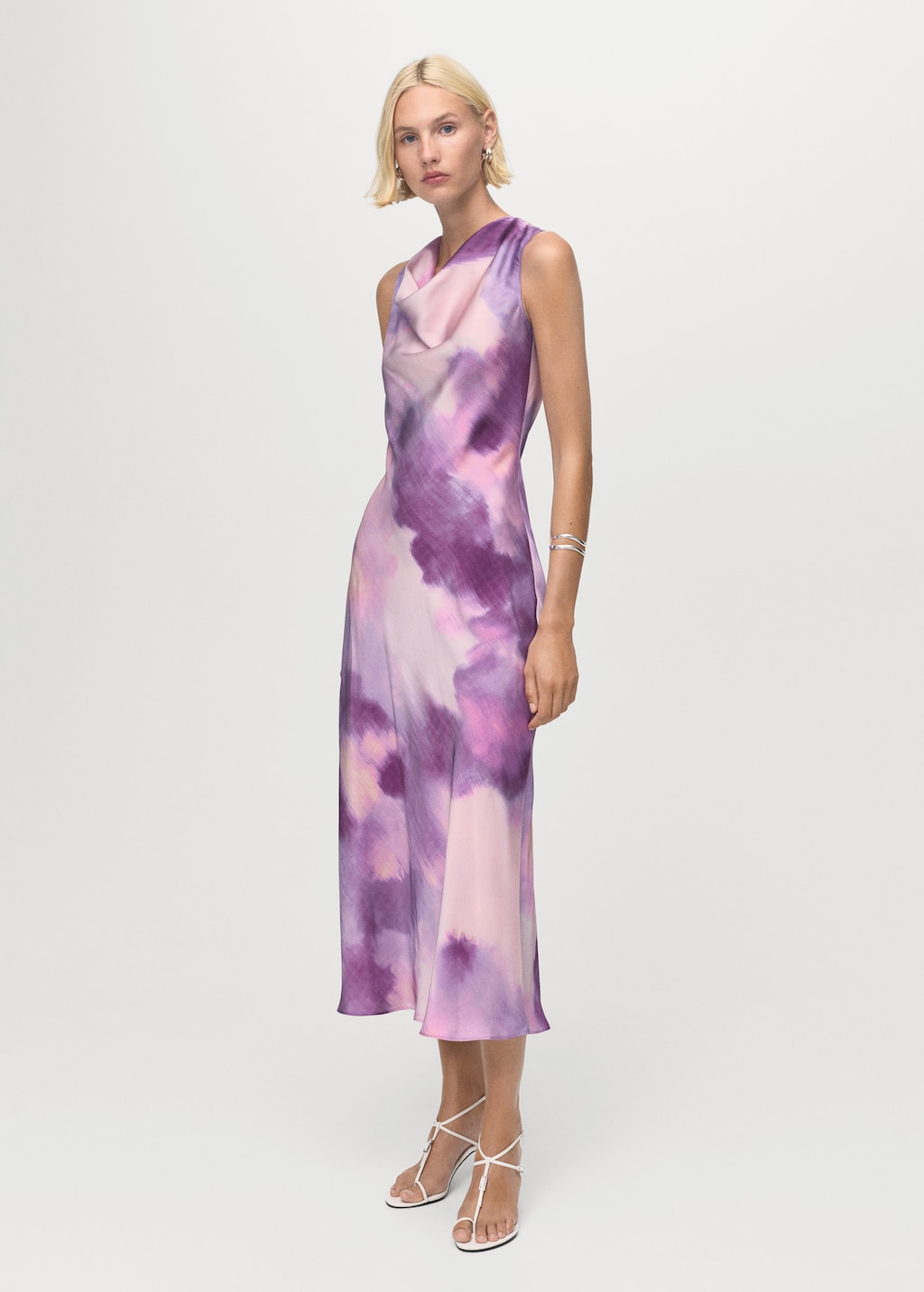 Mango Satin tie-dye dress with draped neckline
