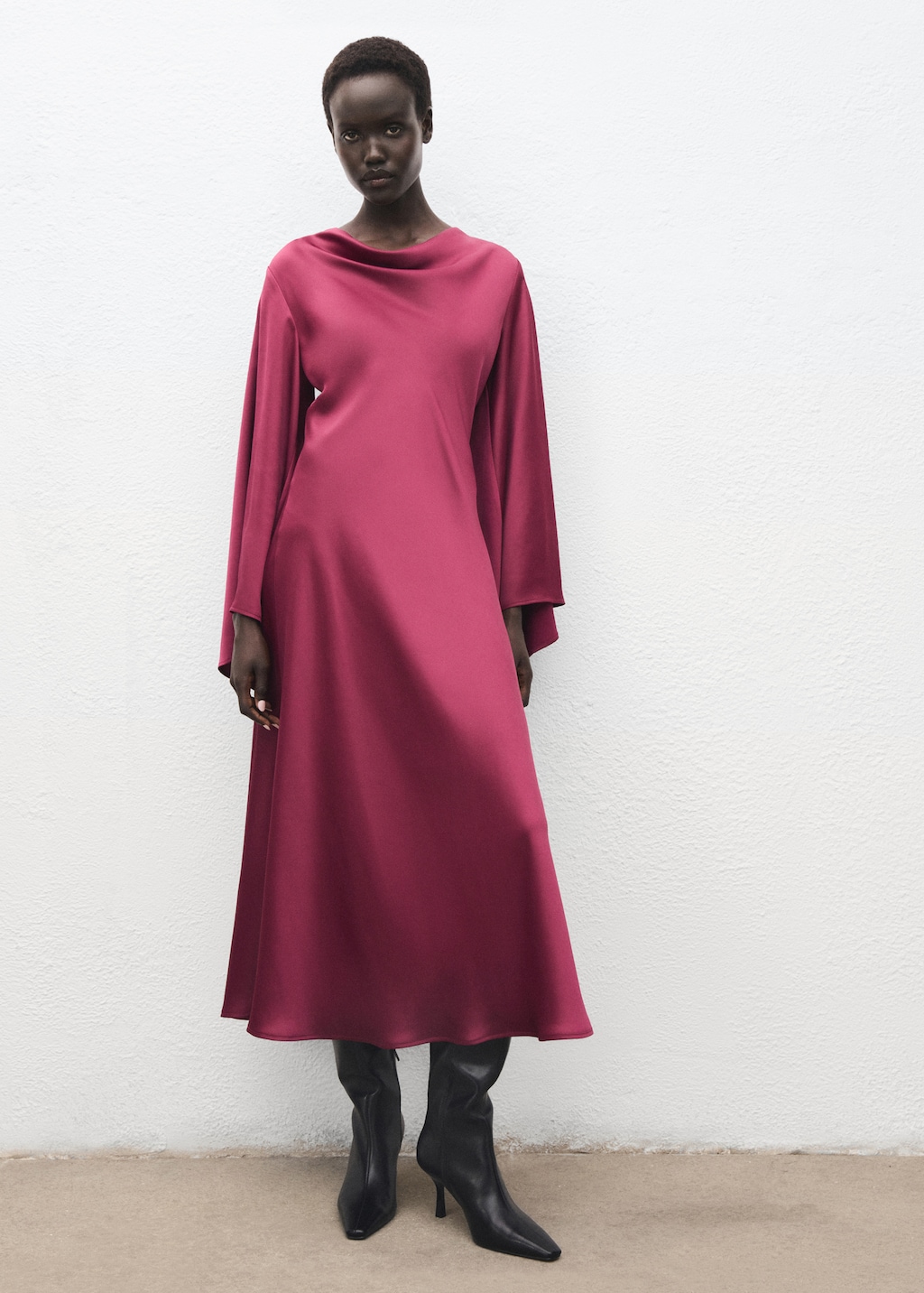 Flared-sleeve satin dress