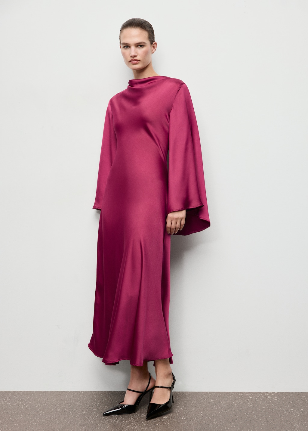 Flared-sleeve satin dress