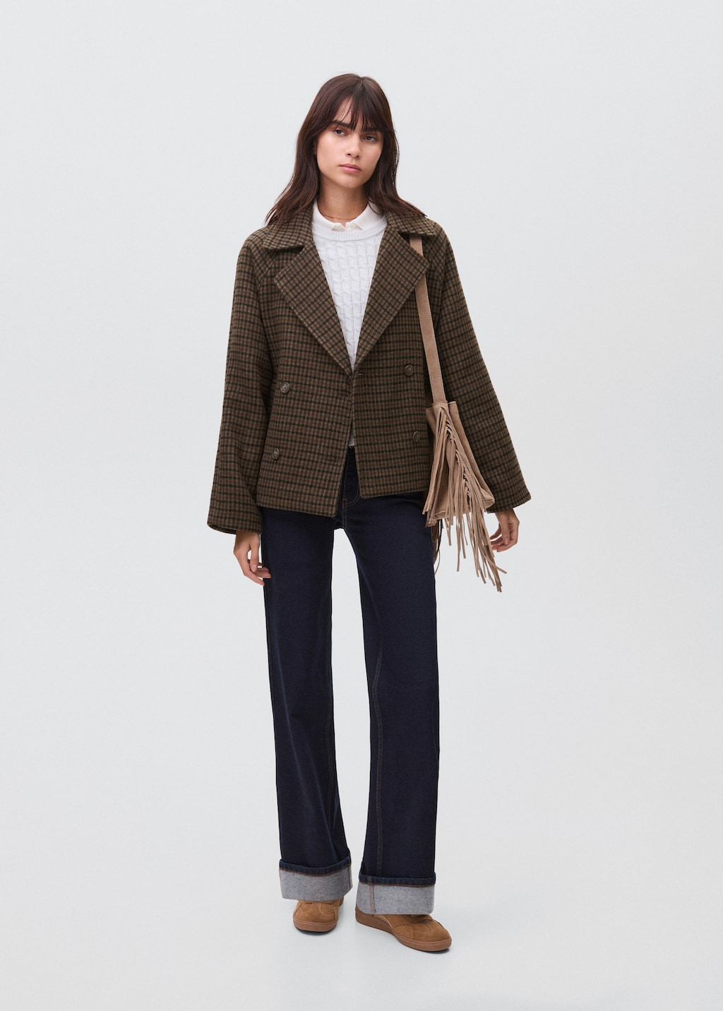 Checked wool-blend coat