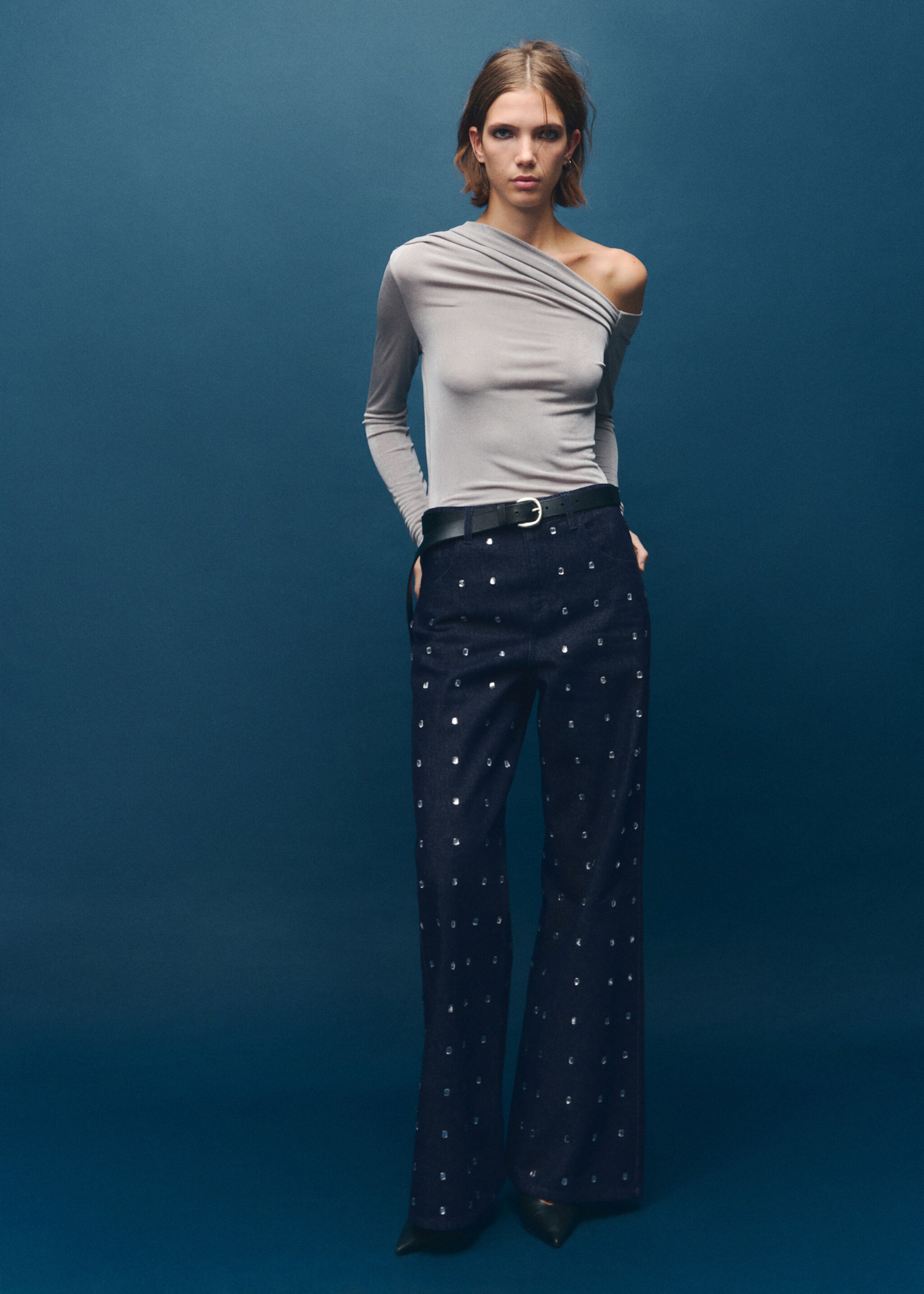 Wide-leg jeans with crystals - General plane, Open Blue. Ref: 17039113-00.