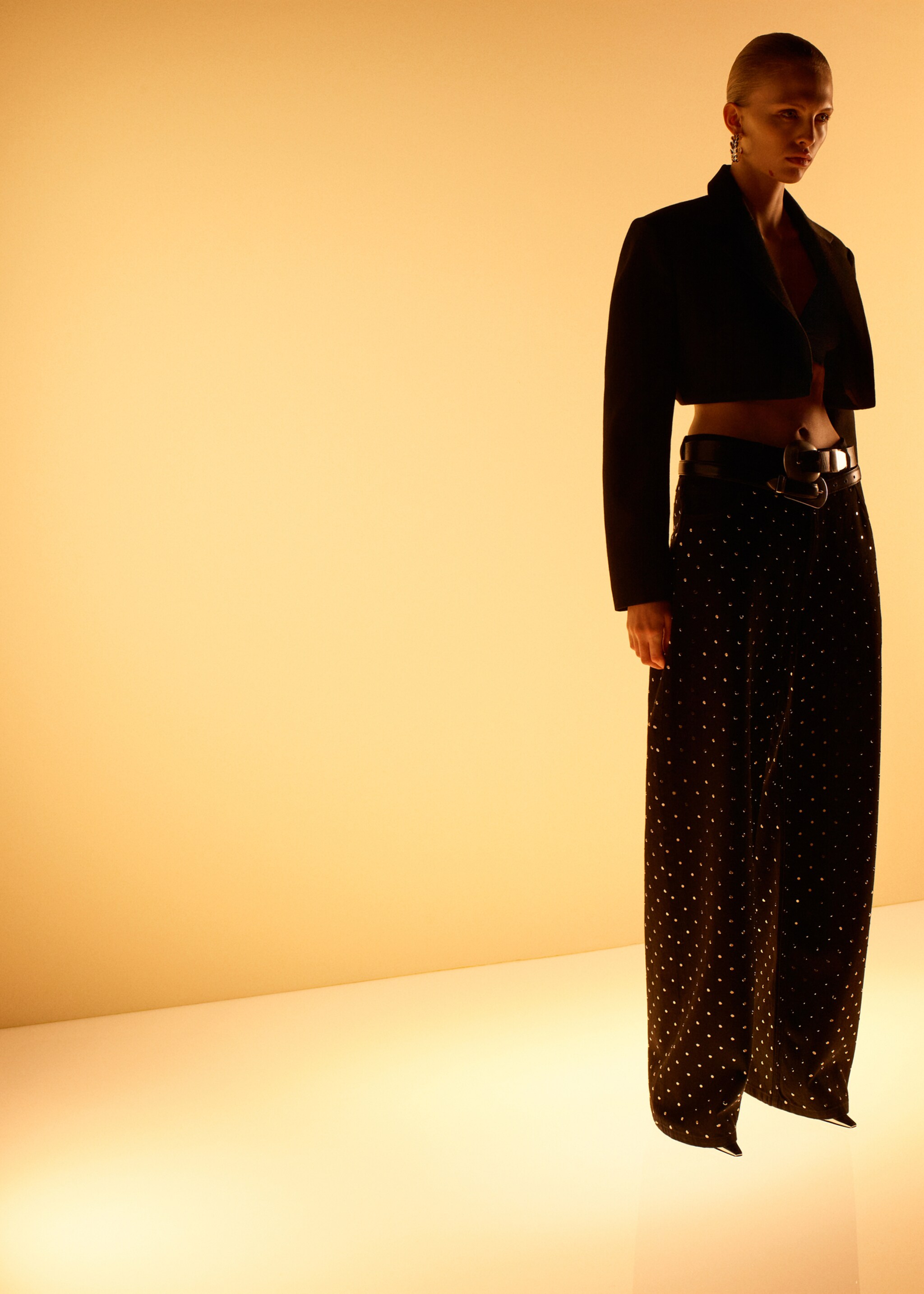 Džíny wide leg se štrasem - Celkový náhled, Black denim. Ref: 17039212-00.