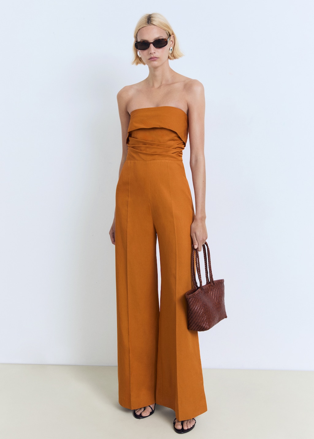 Linen-blend strapless jumpsuit