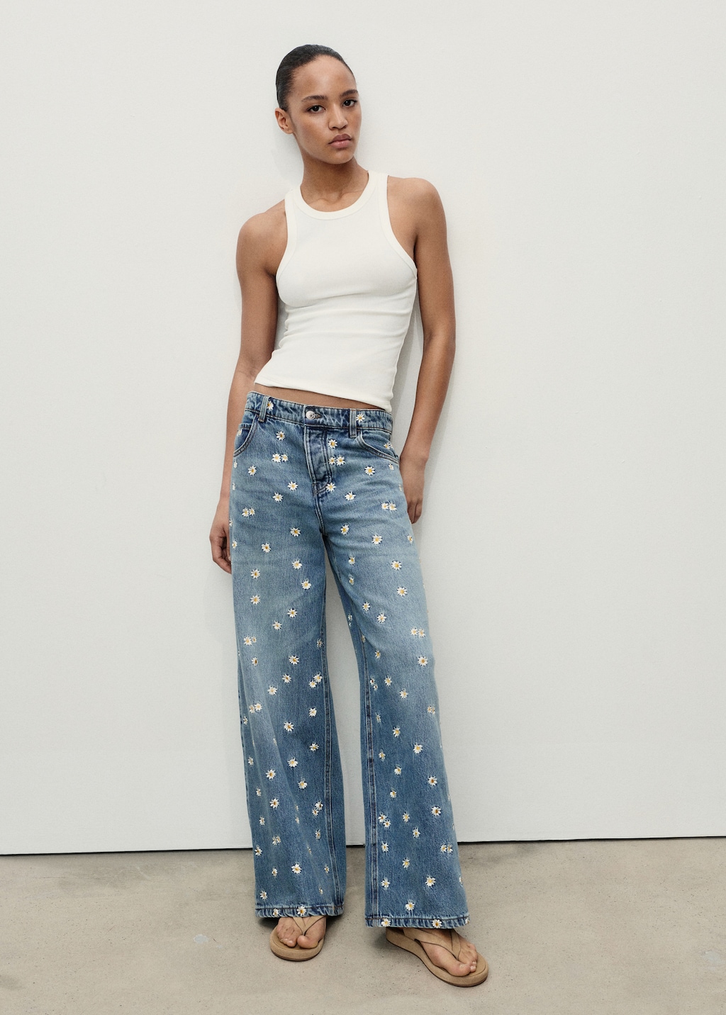 Flower-embroidered wide leg jeans - Women | MANGO USA