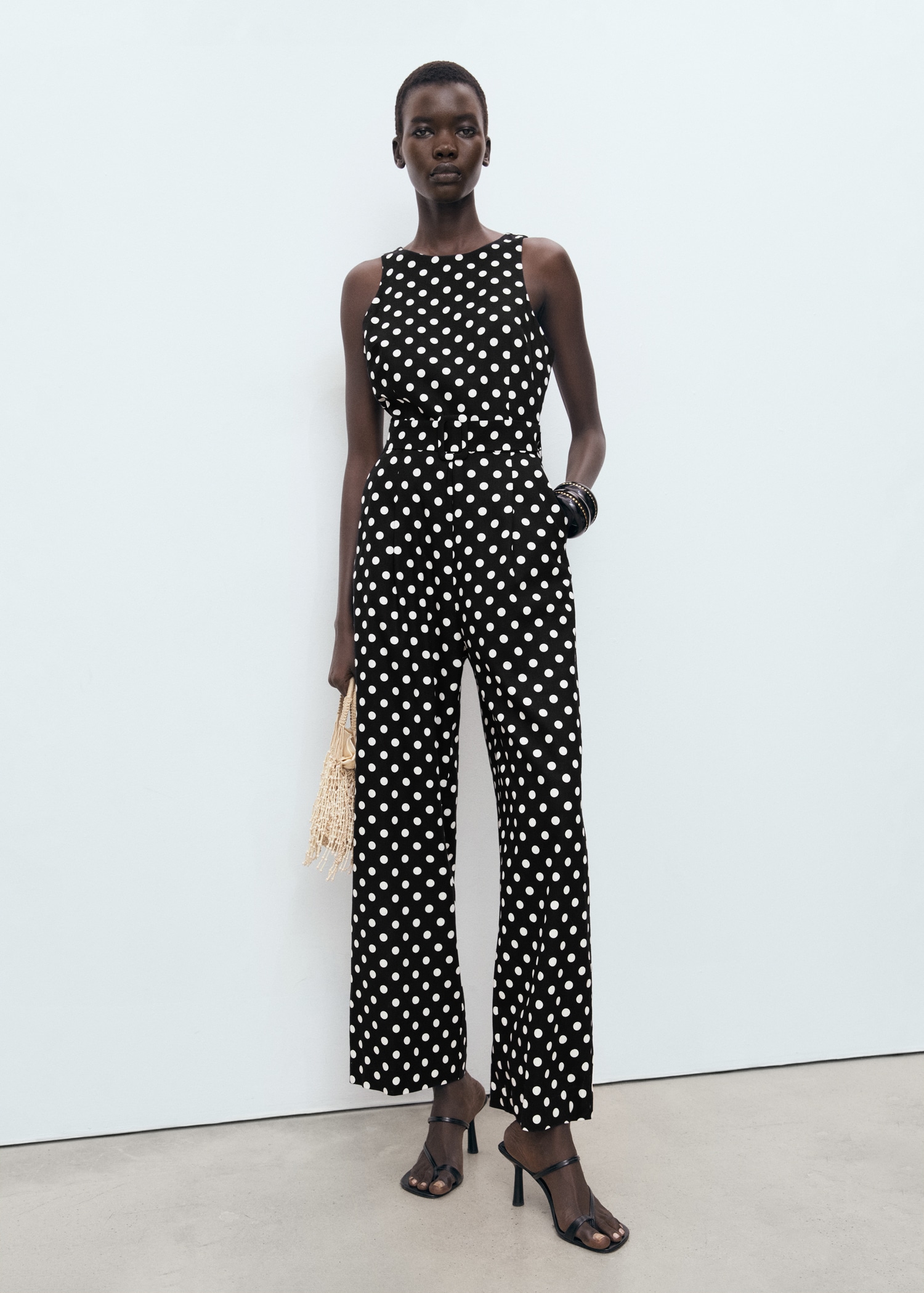 Linen jumpsuit with polka-dot belt - General plane