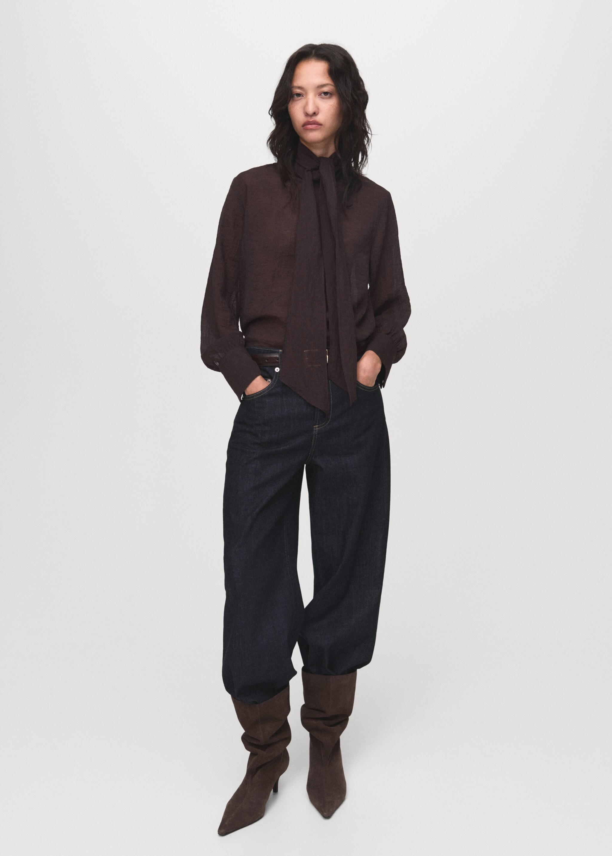 Textured blouse with foulard - General plane, Chocolate. Ref: 17044138-00.