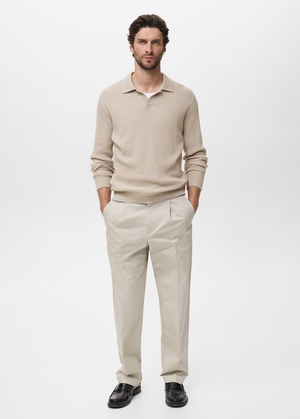 Cotton-blend ribbed polo sweater
