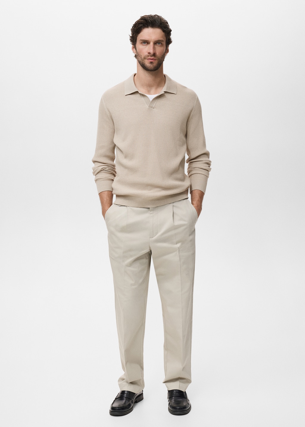 Cotton-blend ribbed polo sweater
