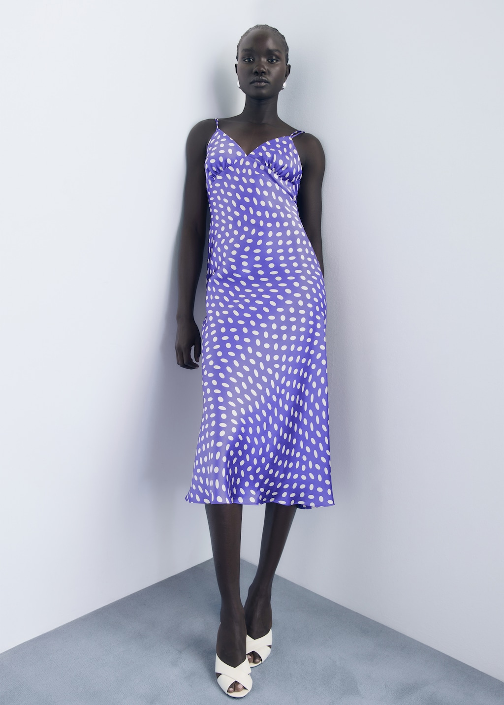 Polka-dot satin-finish dress