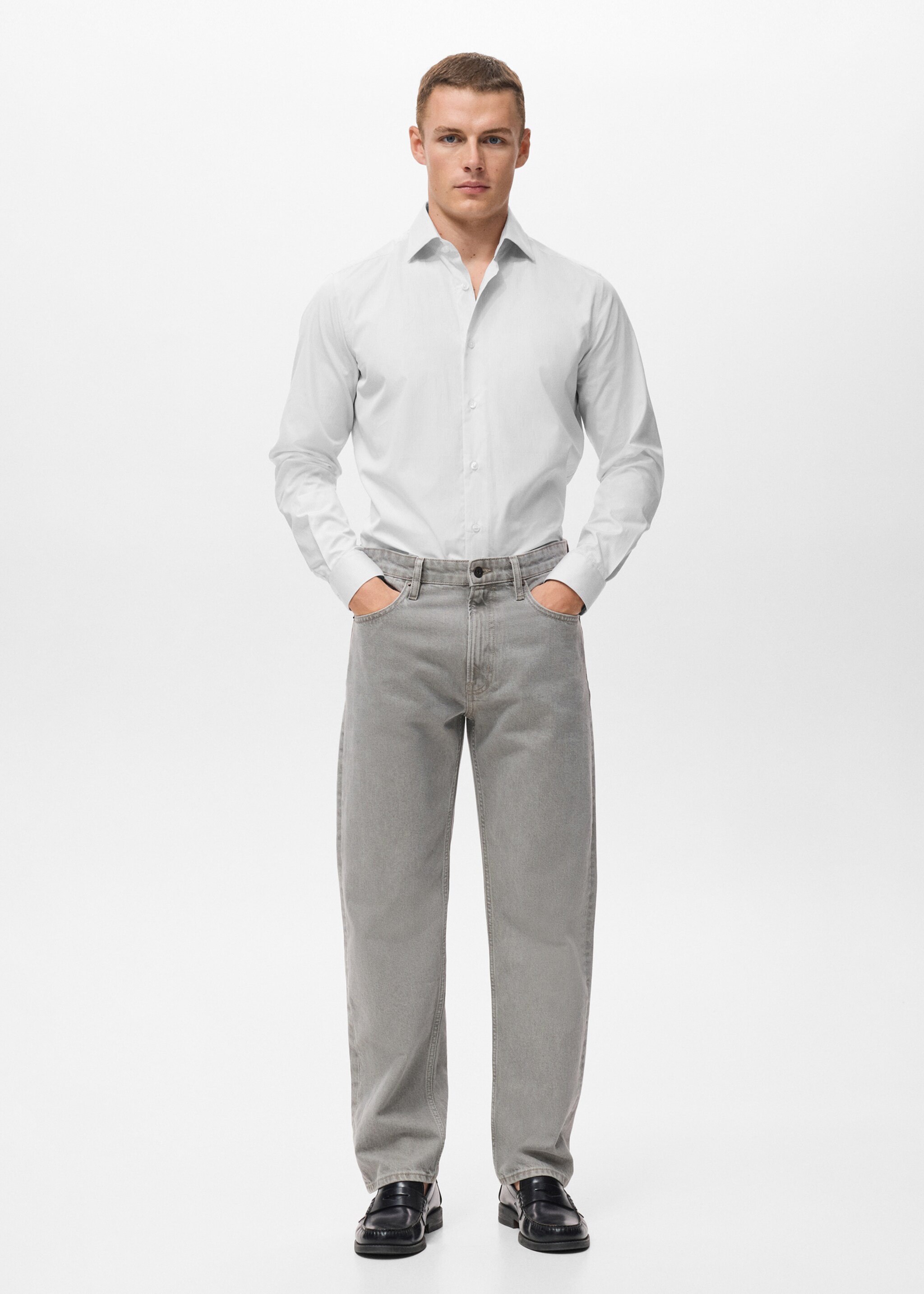 Camisa  100% algodón rayas slim fit - Plano general, Gris. Ref: 17046001-00.