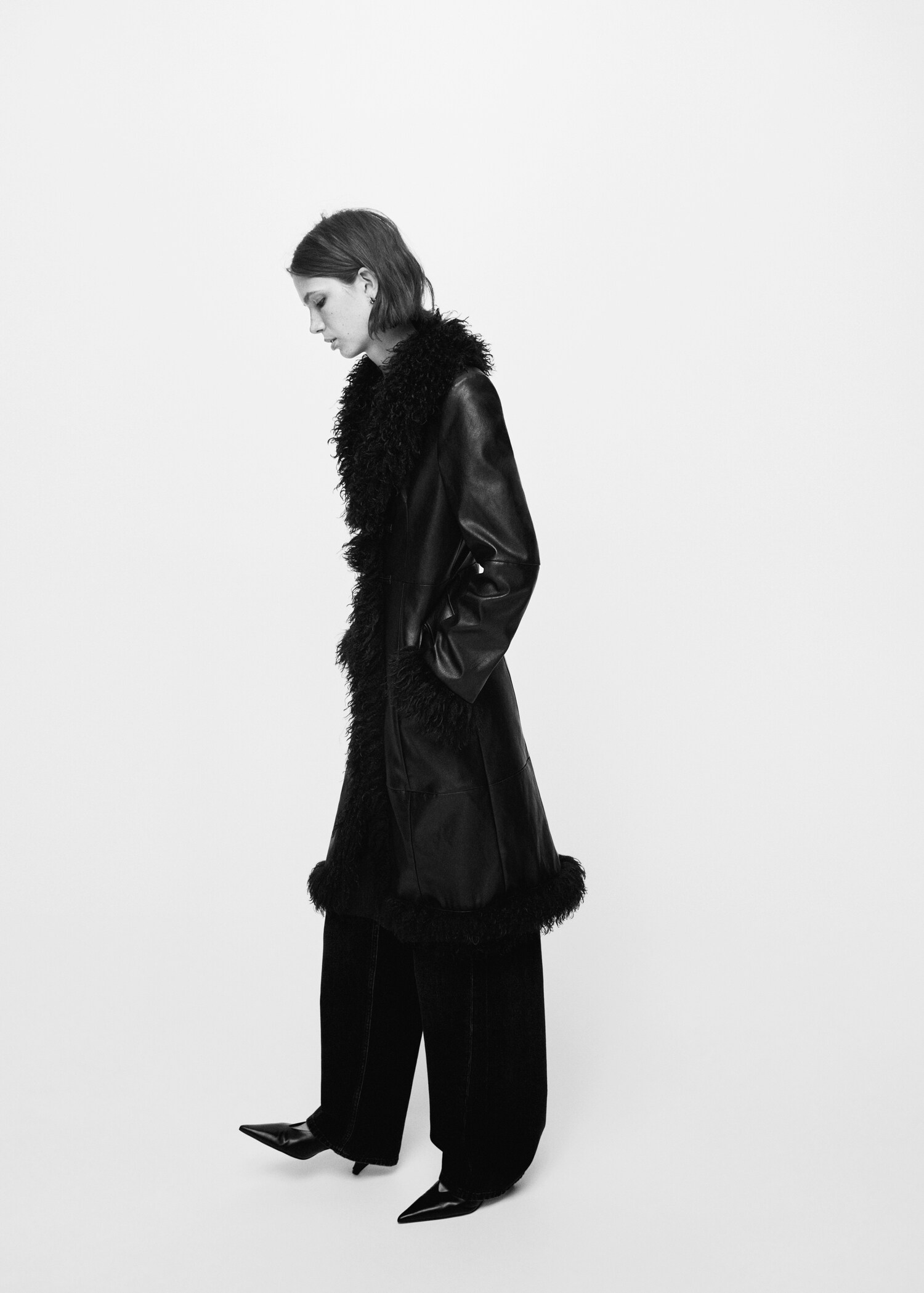 Combined faux leather coat with fur - General plane