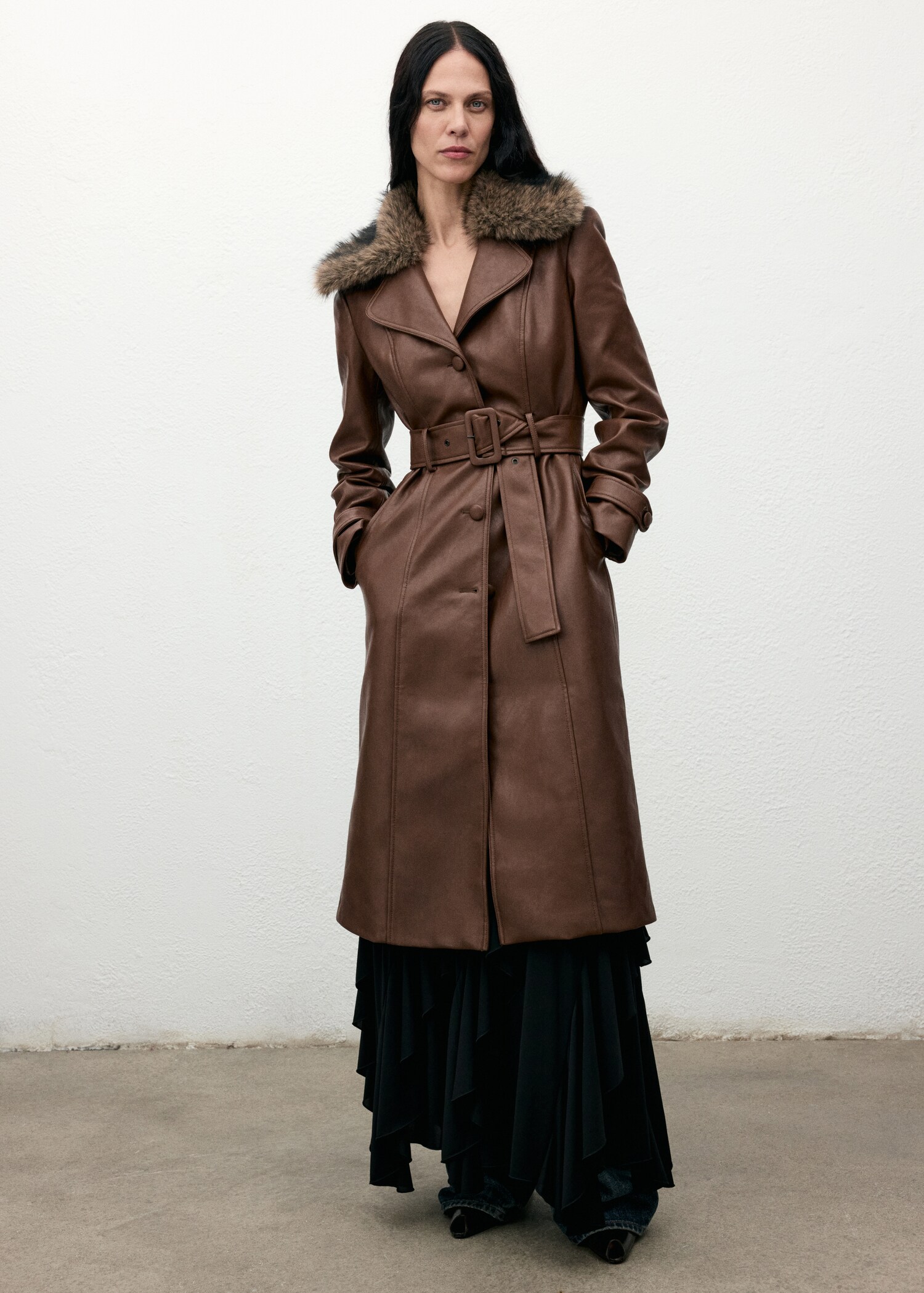Faux leather effect coat with fur collar - General plane