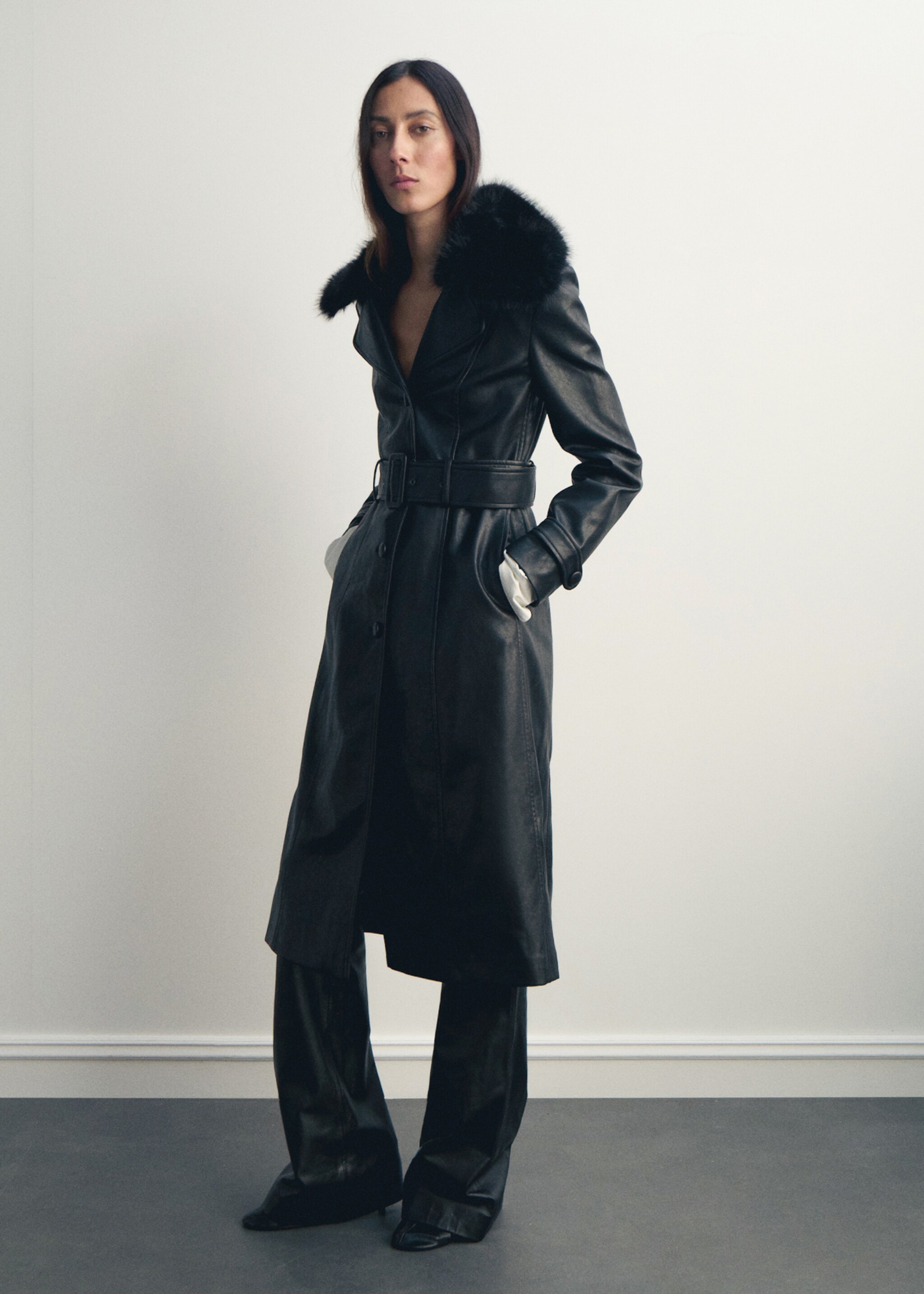 Faux leather effect coat with fur collar - General plane, Black. Ref: 17048282-00.