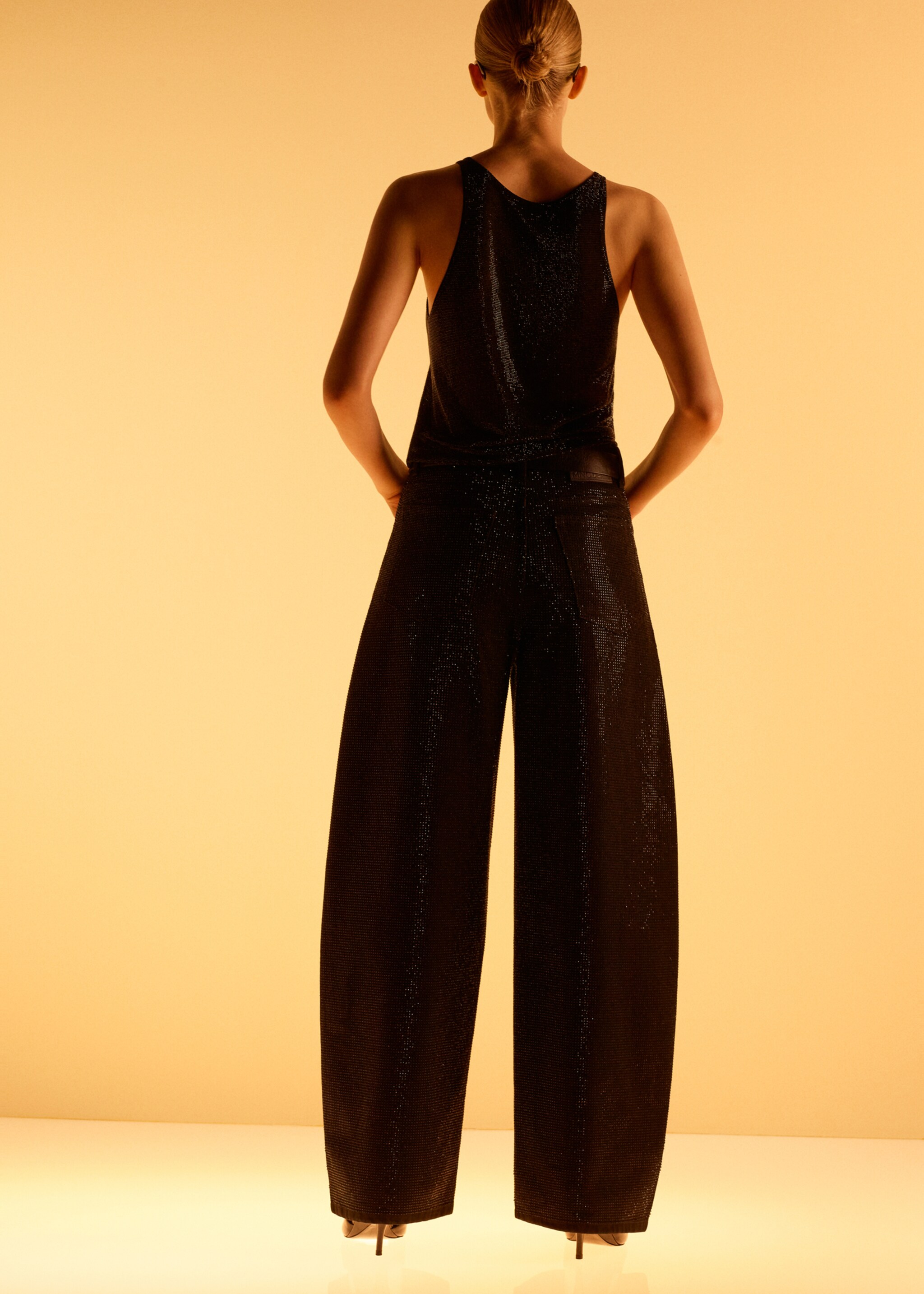 Balloon jeans with rhinestones - General plane, Black denim. Ref: 17049116-00.