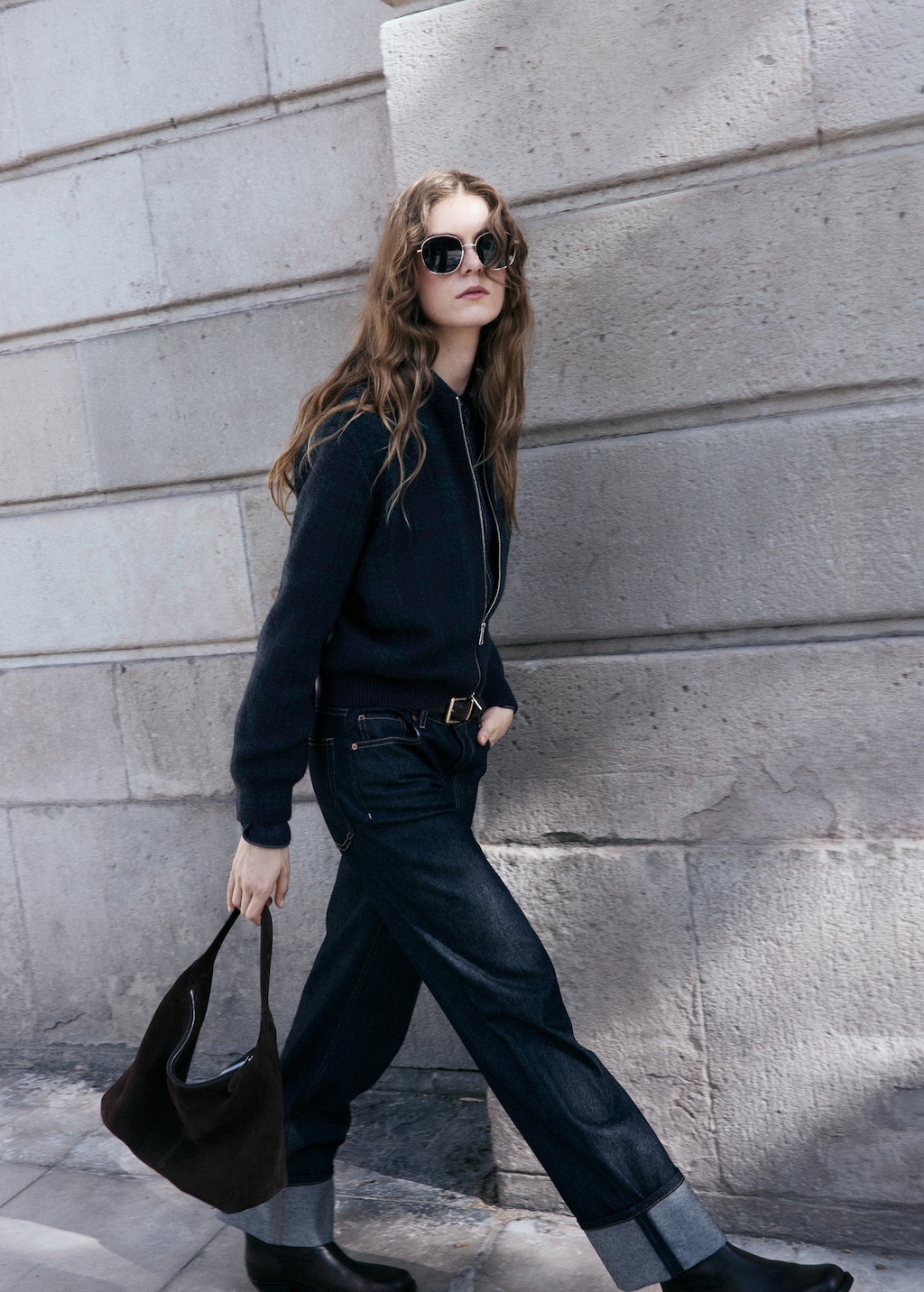 Checkered zipper cardigan