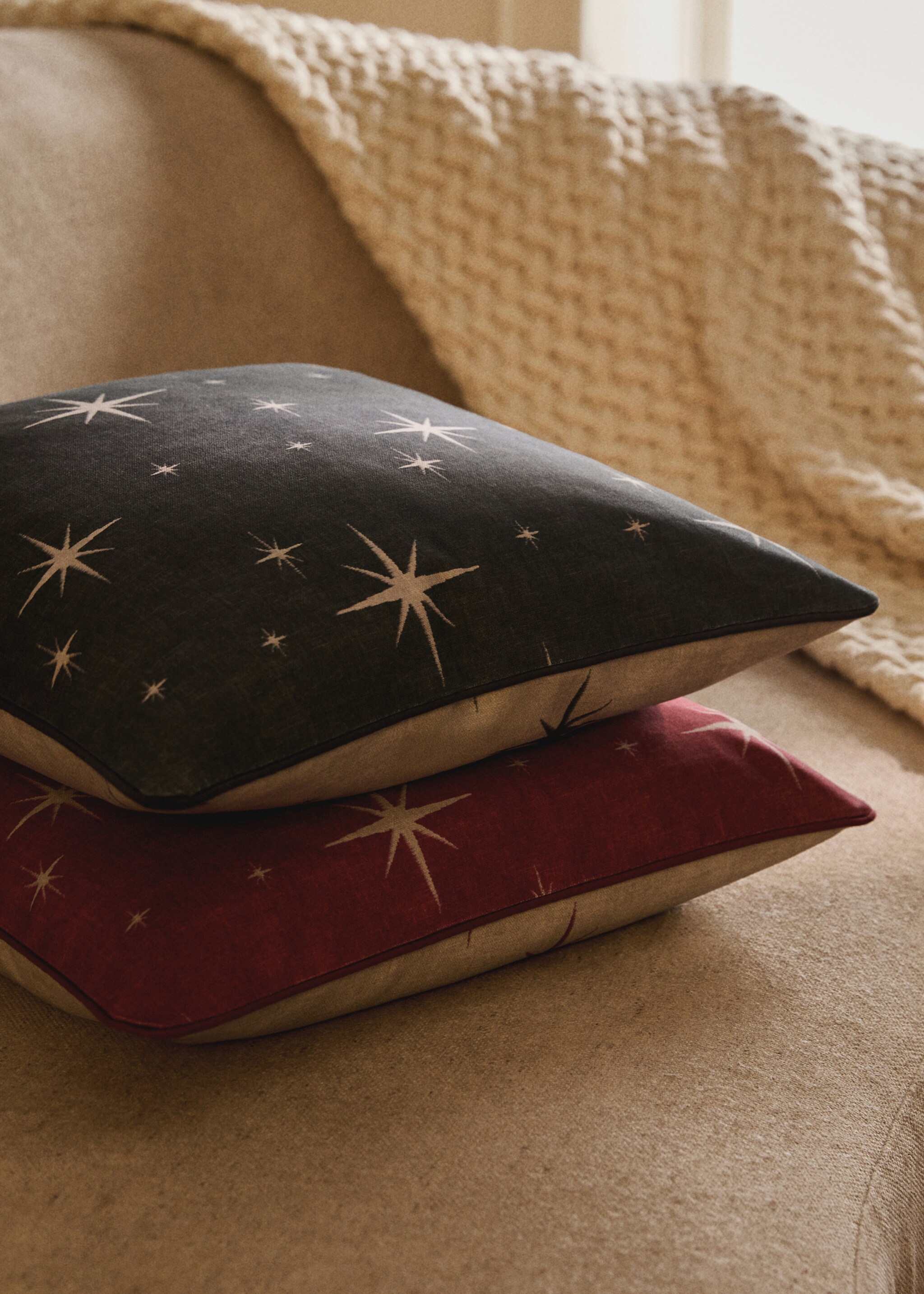 Cotton cushion cover with star print and piped edges 50x50 cm - General plane, Grey. Ref: 17049122-00.