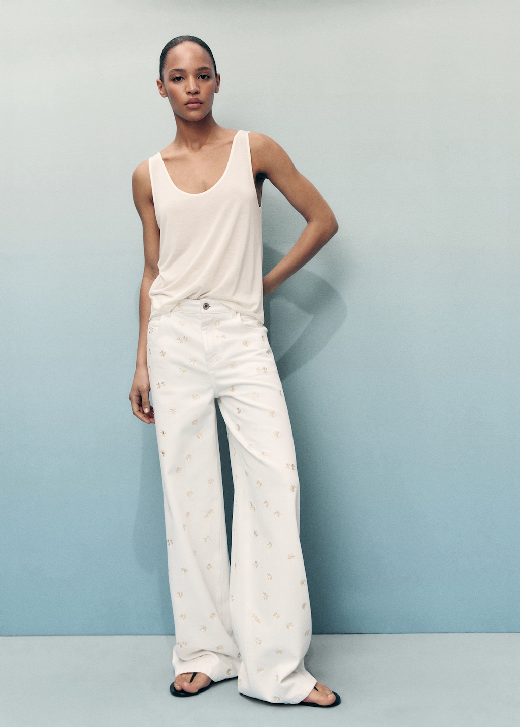 Flower-embroidered wide leg jeans - Women | MANGO USA
