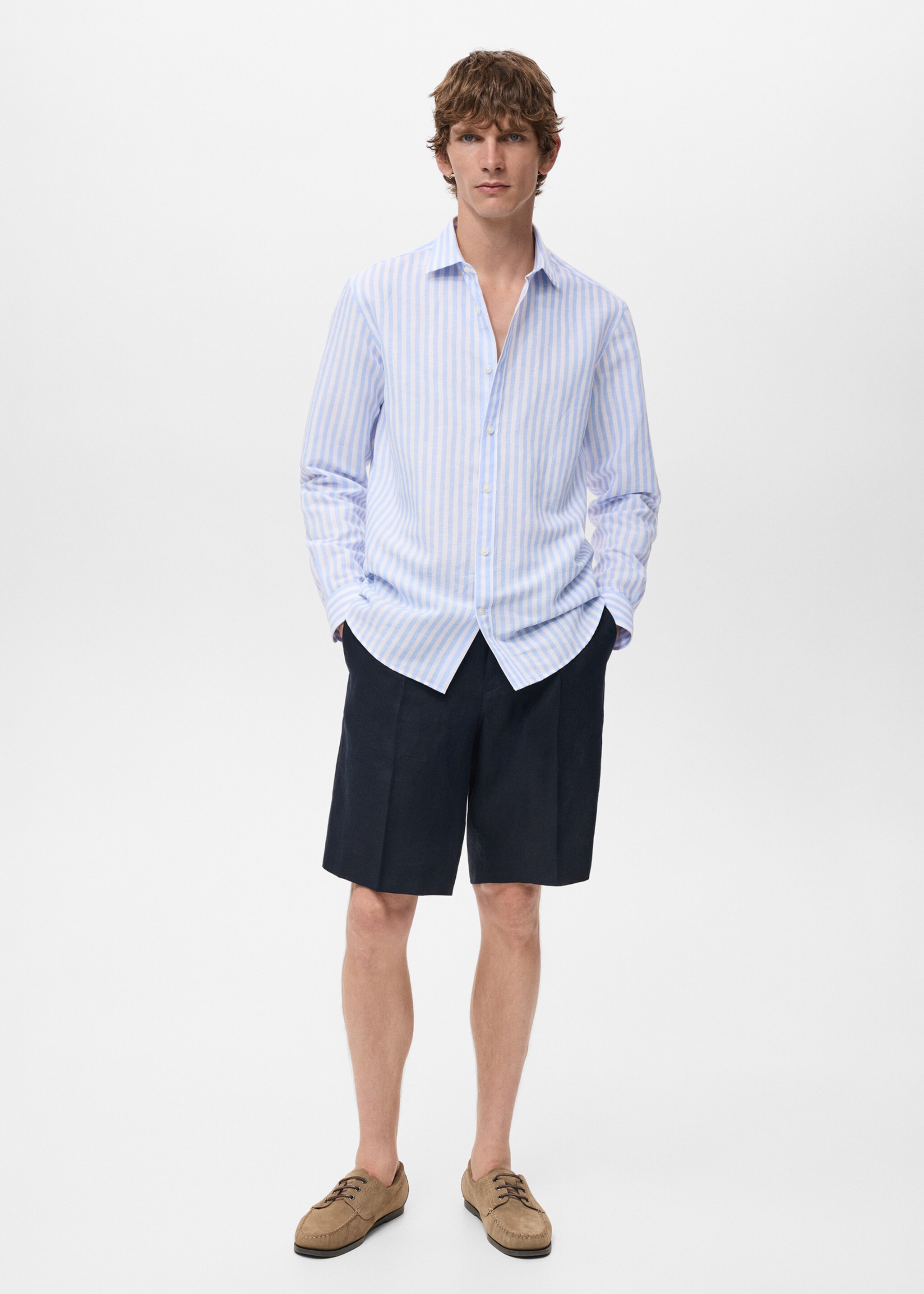 Regular-fit striped cotton-linen shirt - General plane, Blue. Ref: 17051290-00.