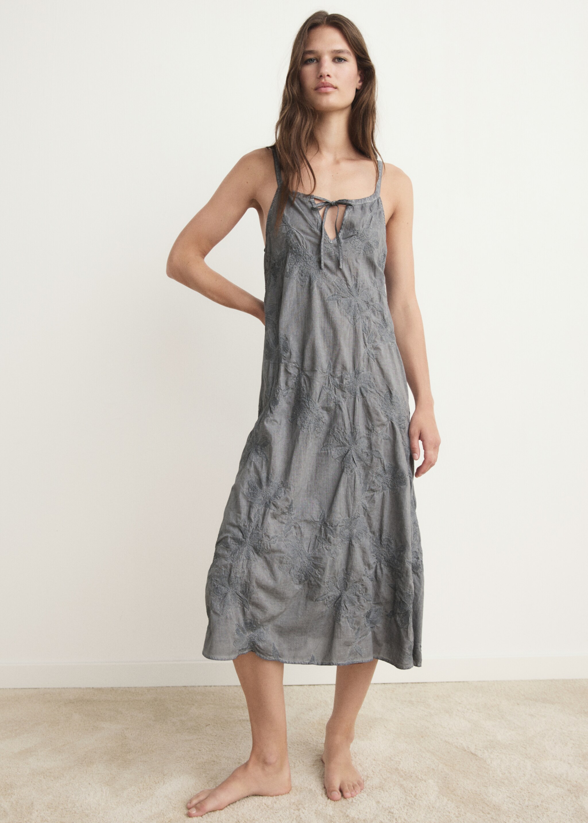 Overdyed embroidered cotton nightdress - General plane, Medium Grey. Ref: 17054108-00.