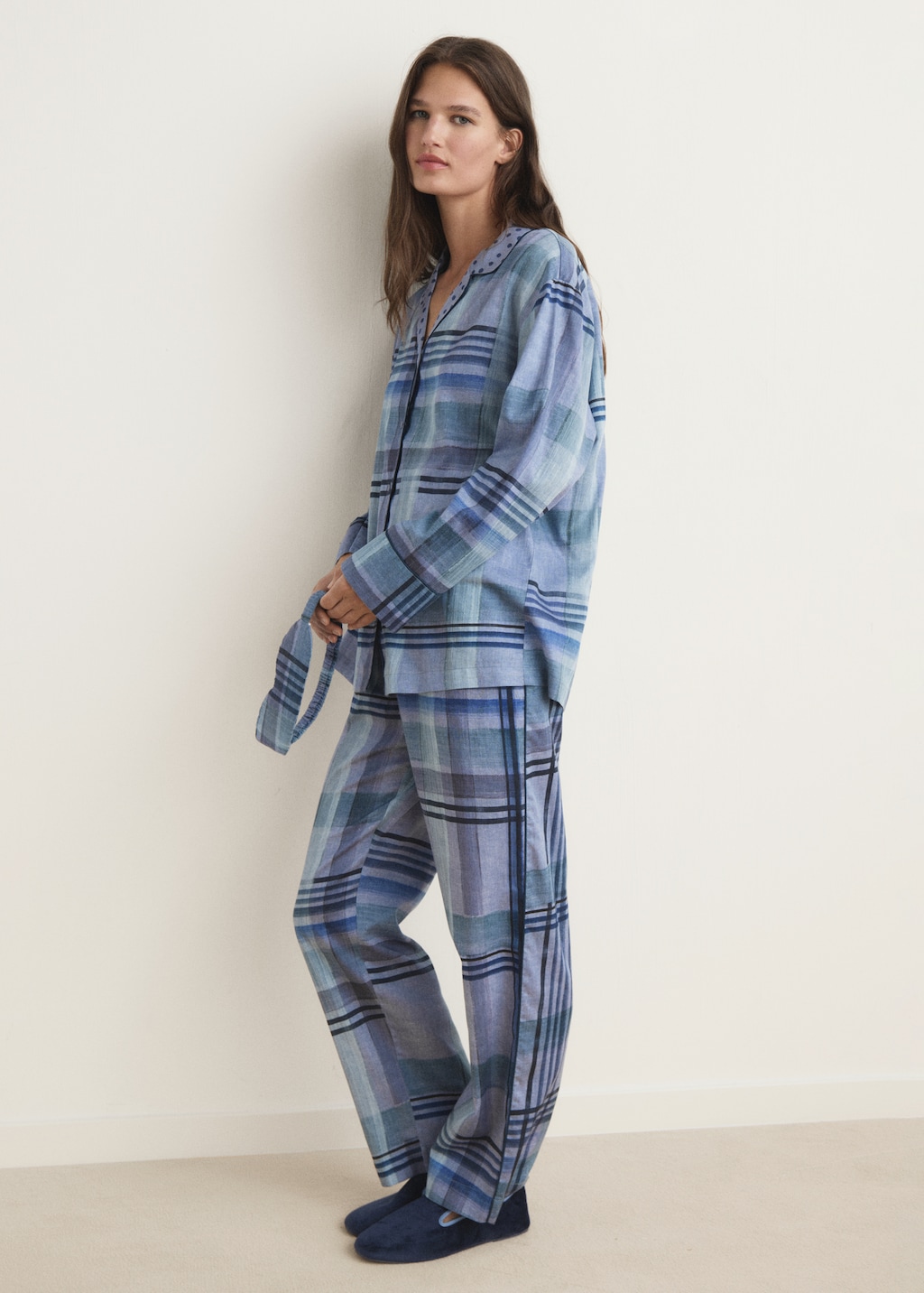 Printed pajama shirt with piping