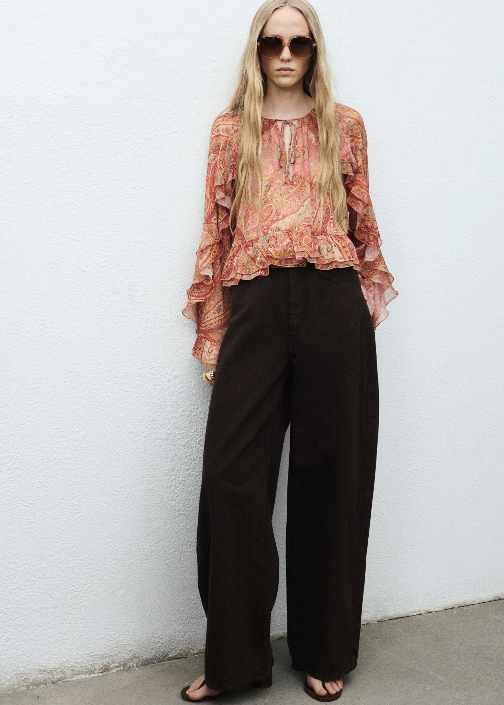 Ruffles printed blouse - General plane, Brown. Ref: 17054448-00.