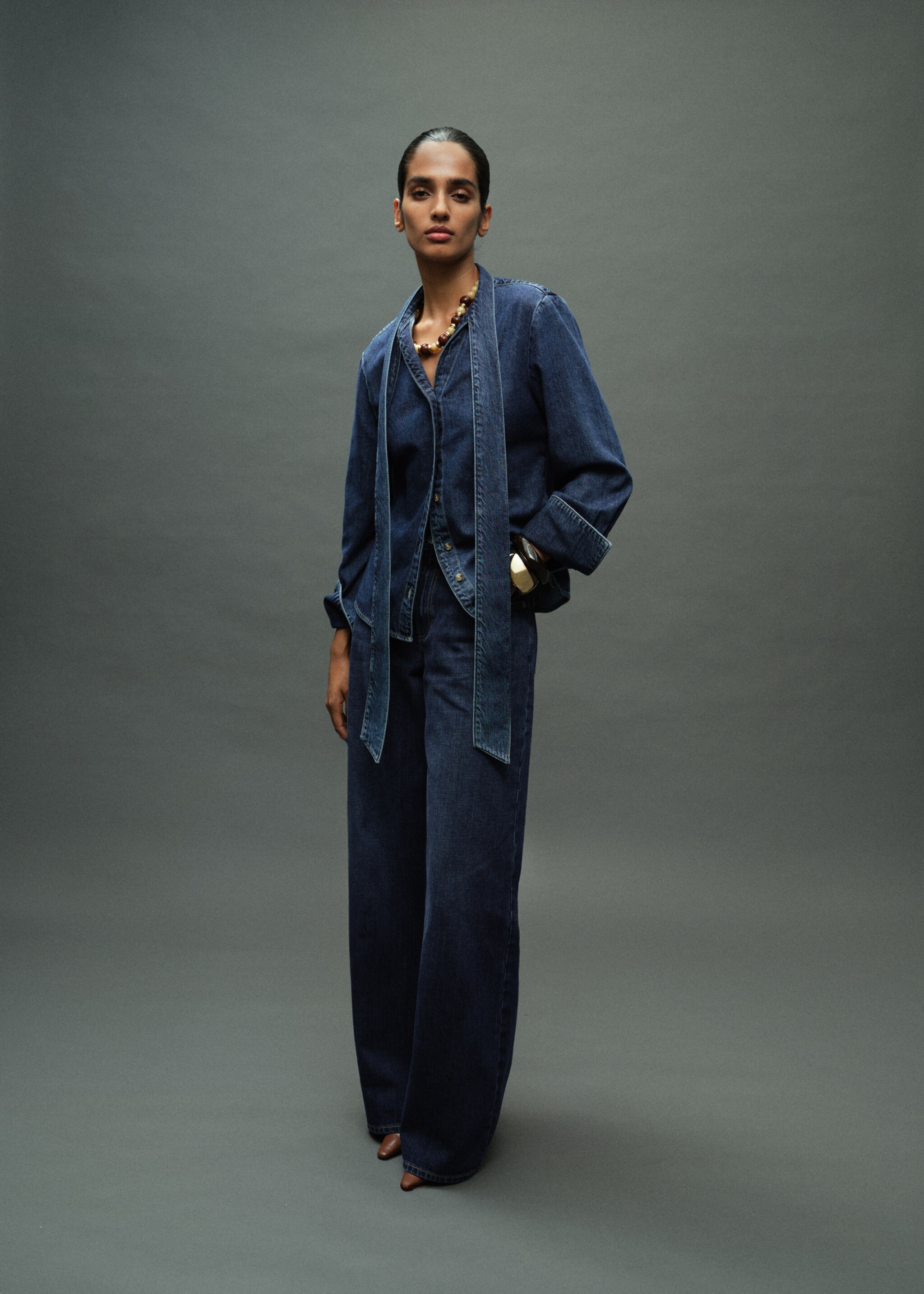 Denim shirt with bow - General plane, Dark Blue. Ref: 17055805-00.