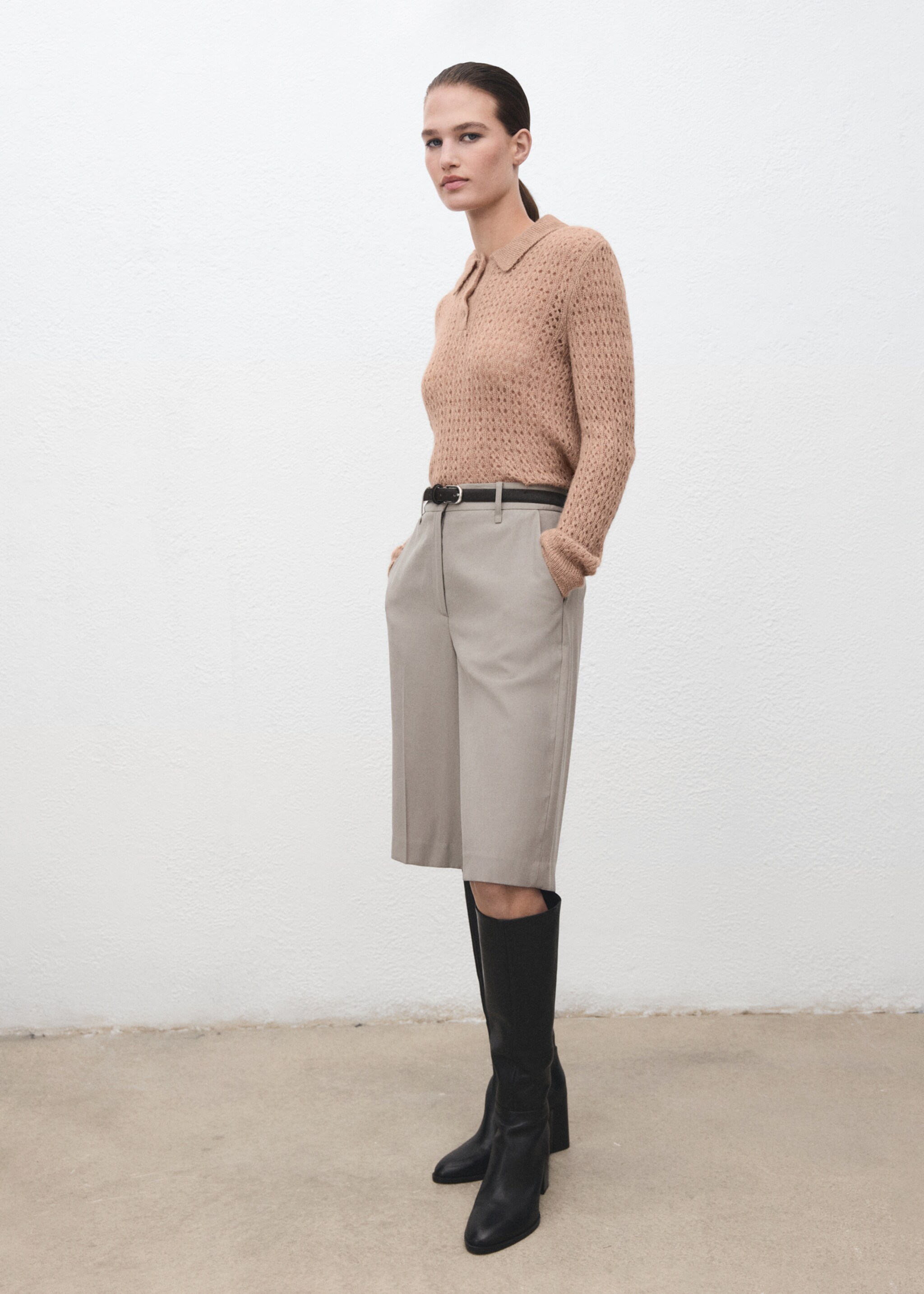 Openwork knitted polo-neck sweater - General plane, Medium Brown. Ref: 17055823-00.