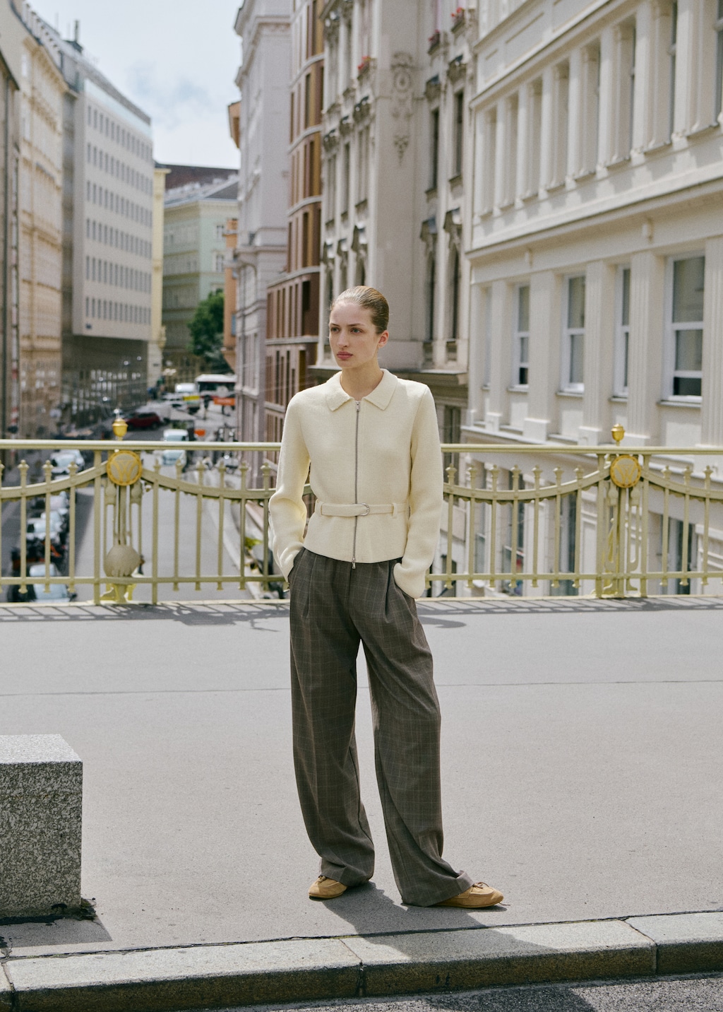 Knitted jacket with belt and buckle