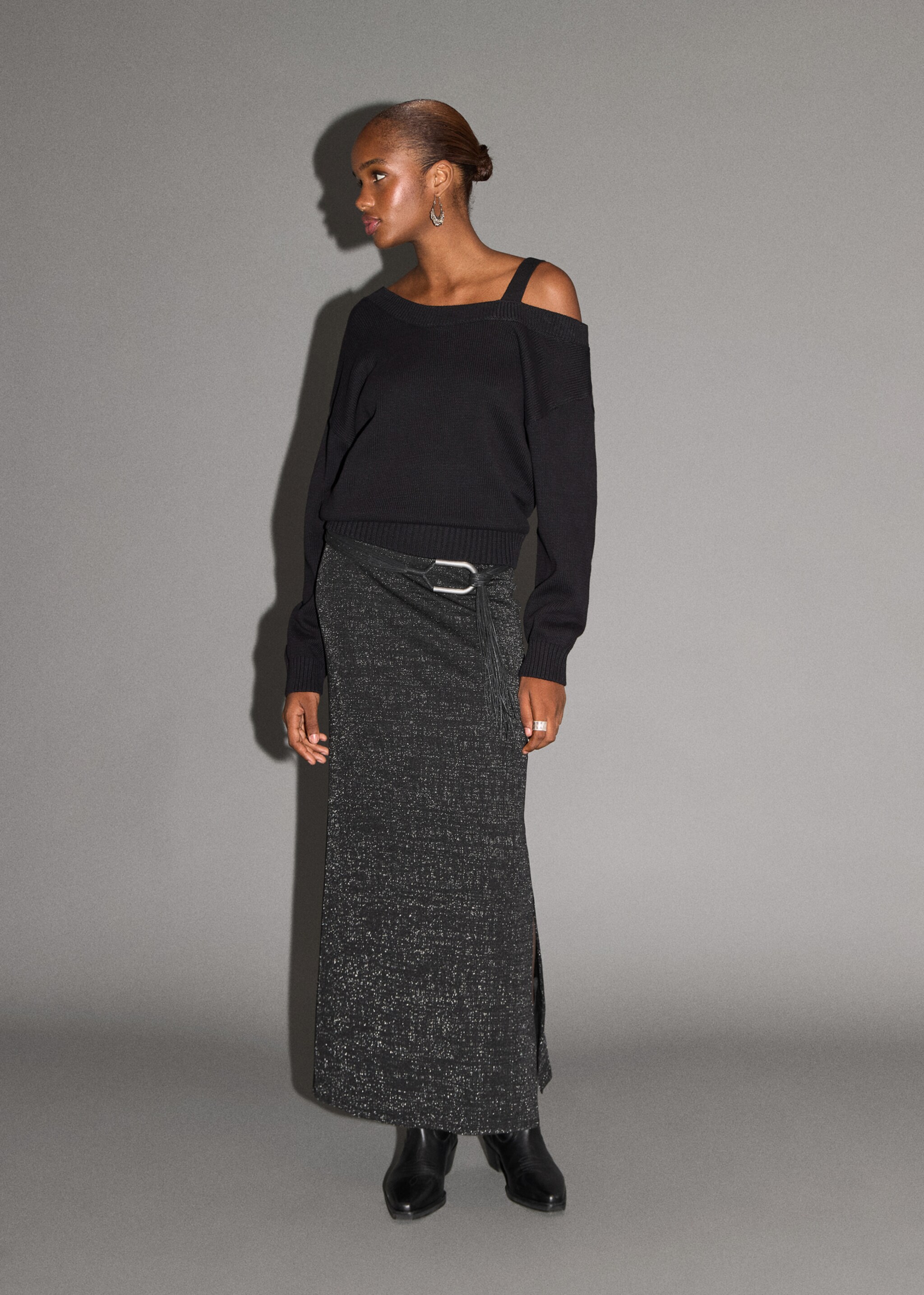 Long lurex skirt - General plane, Black. Ref: 17057783-00.