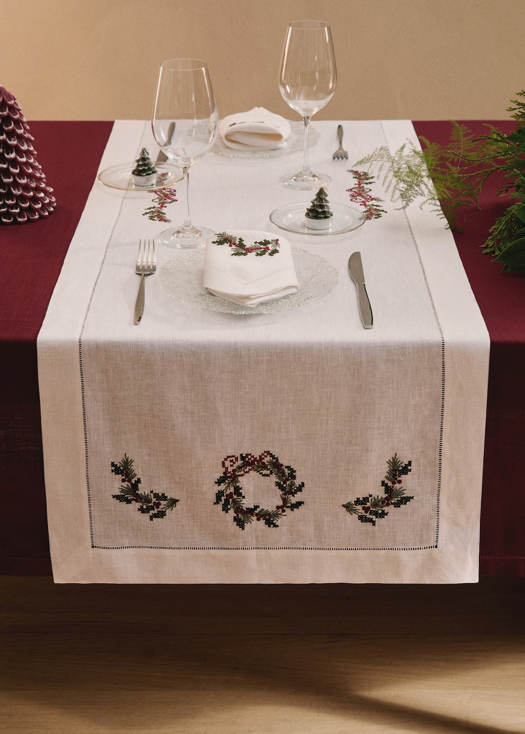 Embroidered linen Christmas table runner