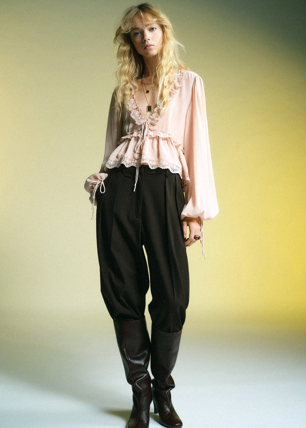 V-neck blouse with lace trim