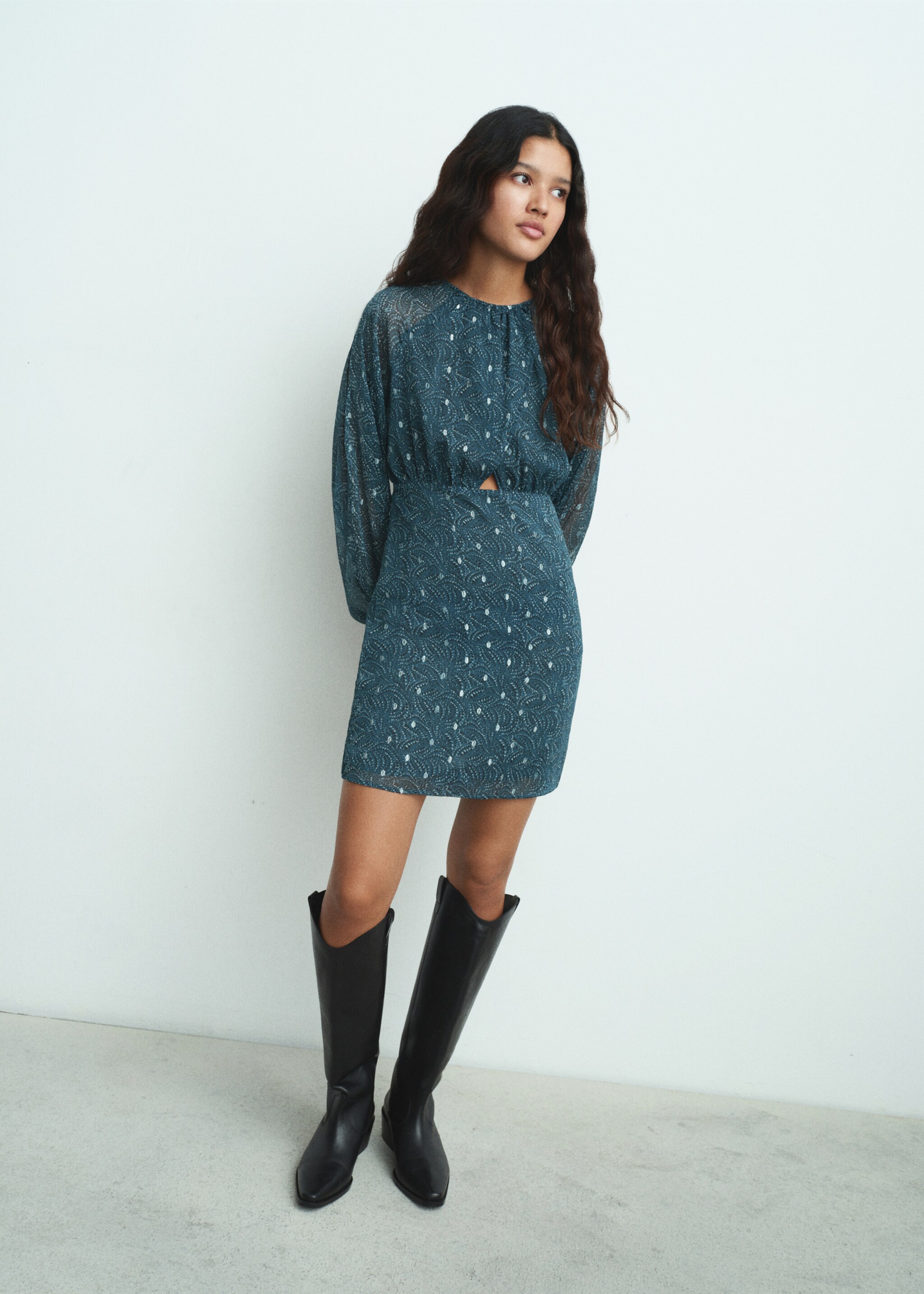Lurex cut-out print dress - General plane, Petrol Blue. Ref: 17058275-00.
