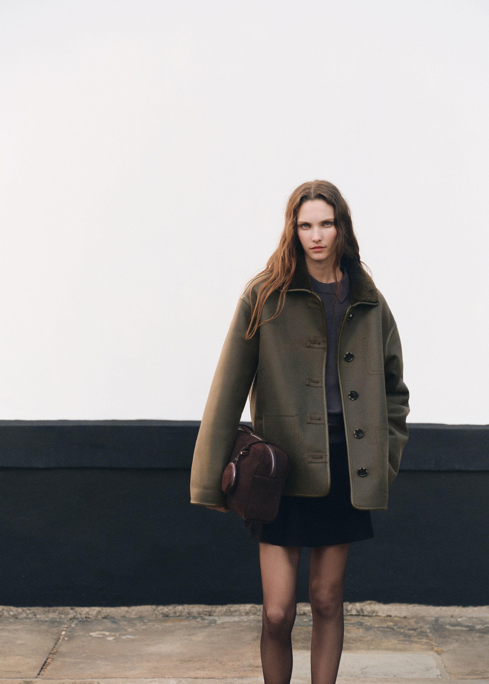 Faux-shearling leather-effect coat - General plane, Khaki. Ref: 17058281-00.