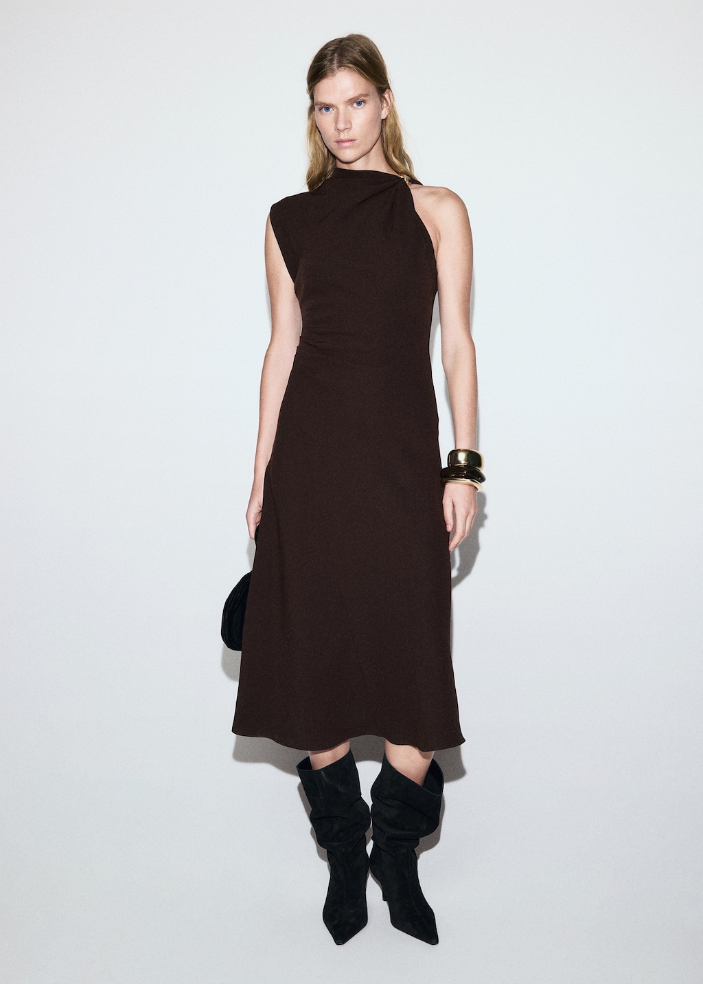 Dress with asymmetrical neck and metallic detail