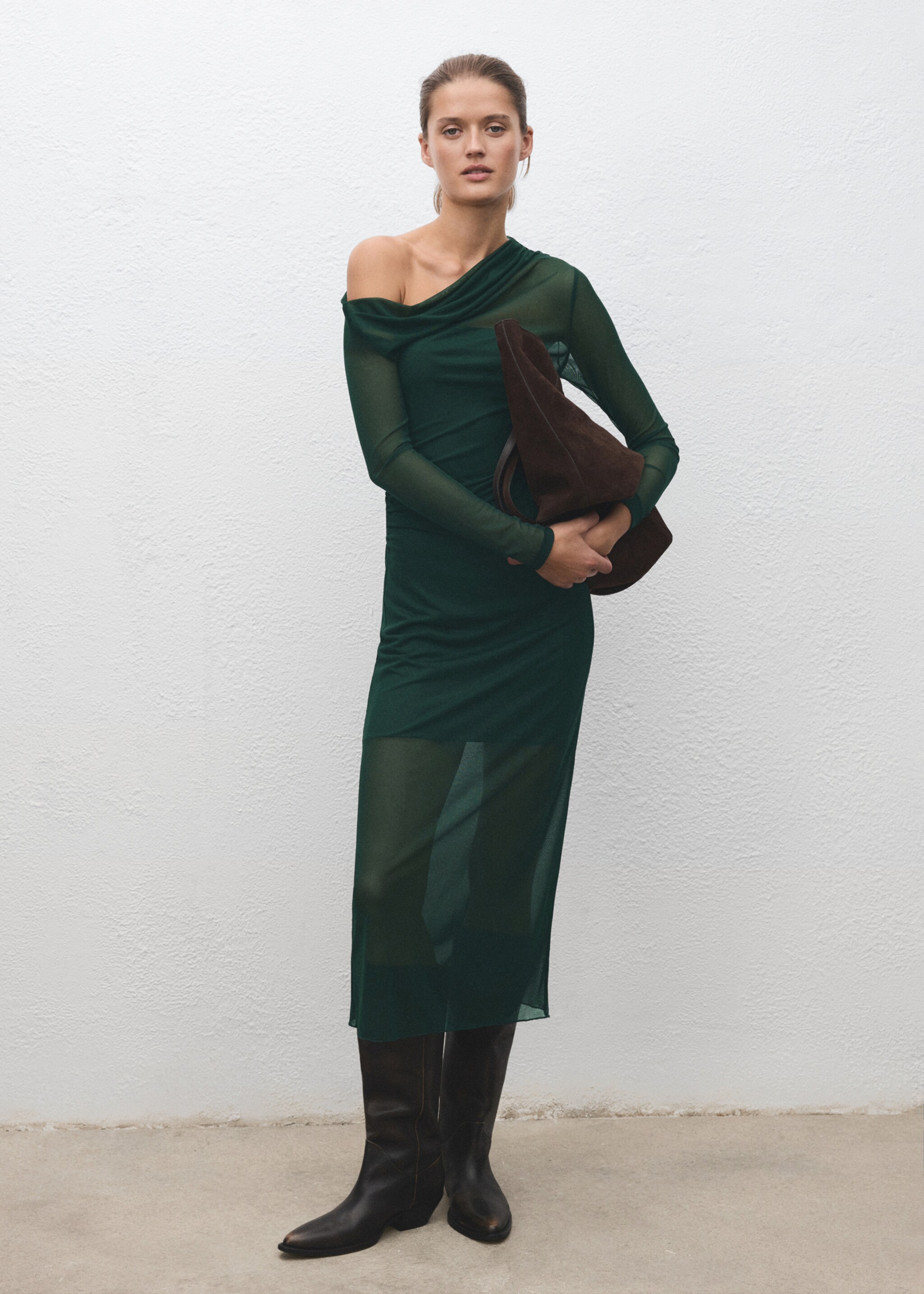 Semi-transparent asymmetric dress - General plane, Green. Ref: 17059212-00.