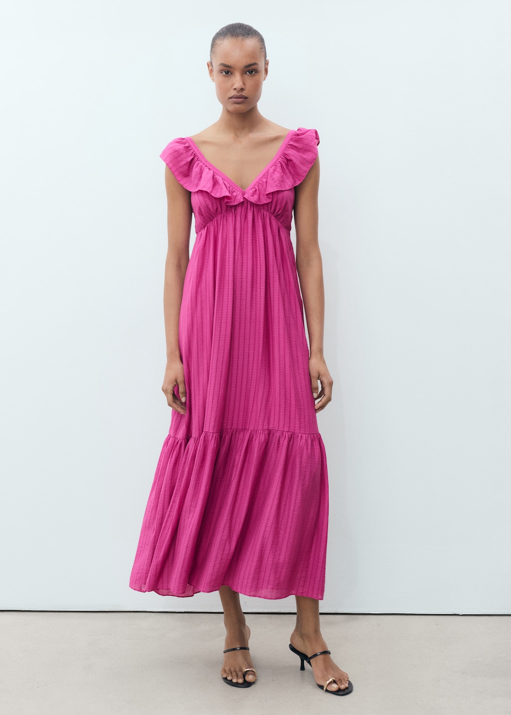 Long dress with ruffle neckline - Women | MANGO USA