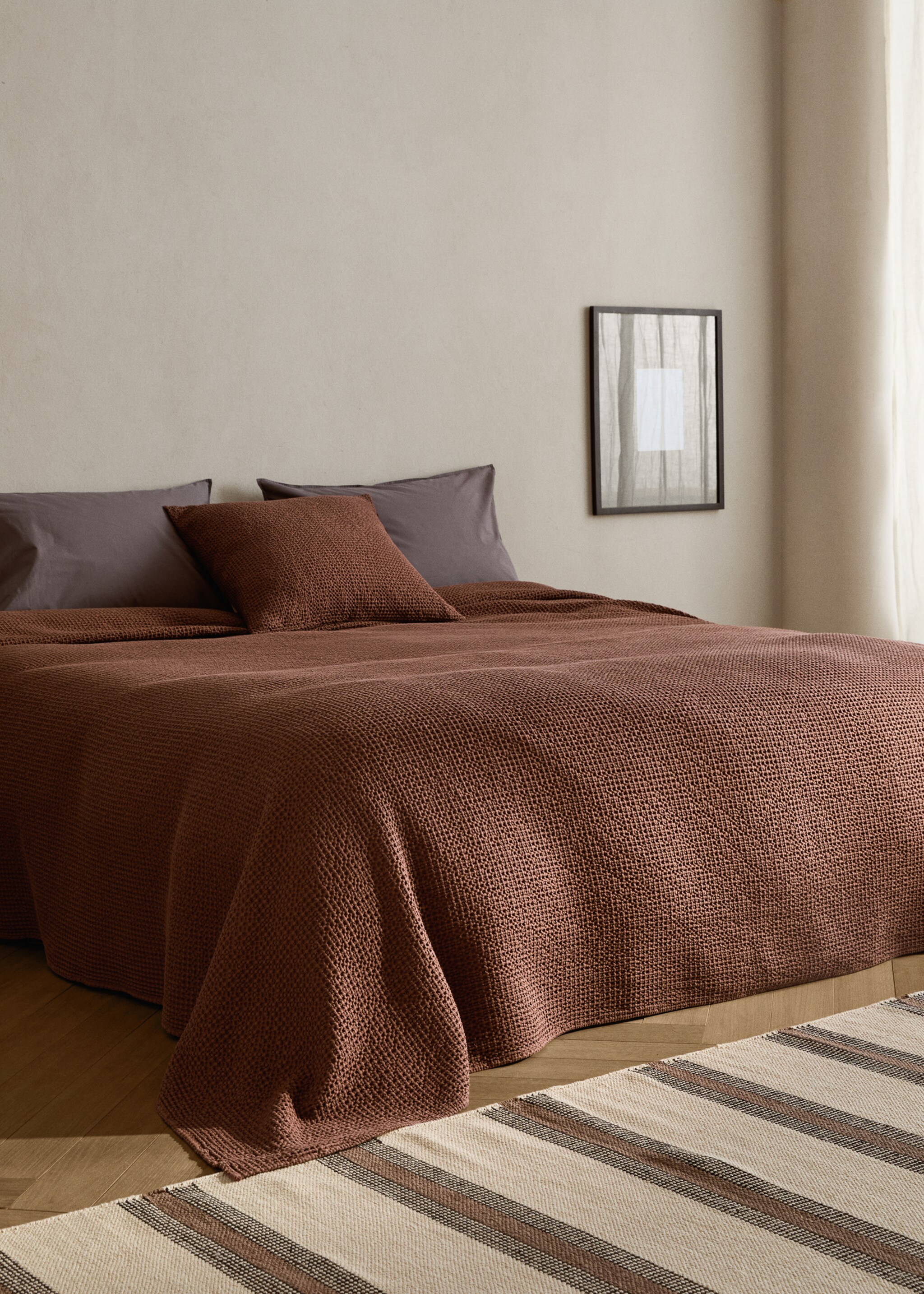 Garment-dyed waffle cotton bedspread for 130/150 cm bed - General plane, Burnt Orange. Ref: 17061533-00.