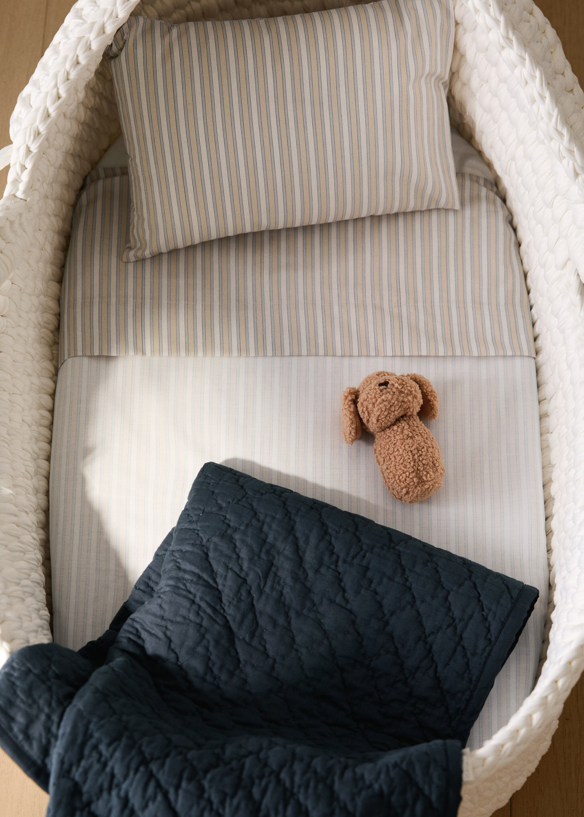 Percale cotton stripe-print set of sheets for mini-cot - General plane, Vanilla. Ref: 17061553-00.