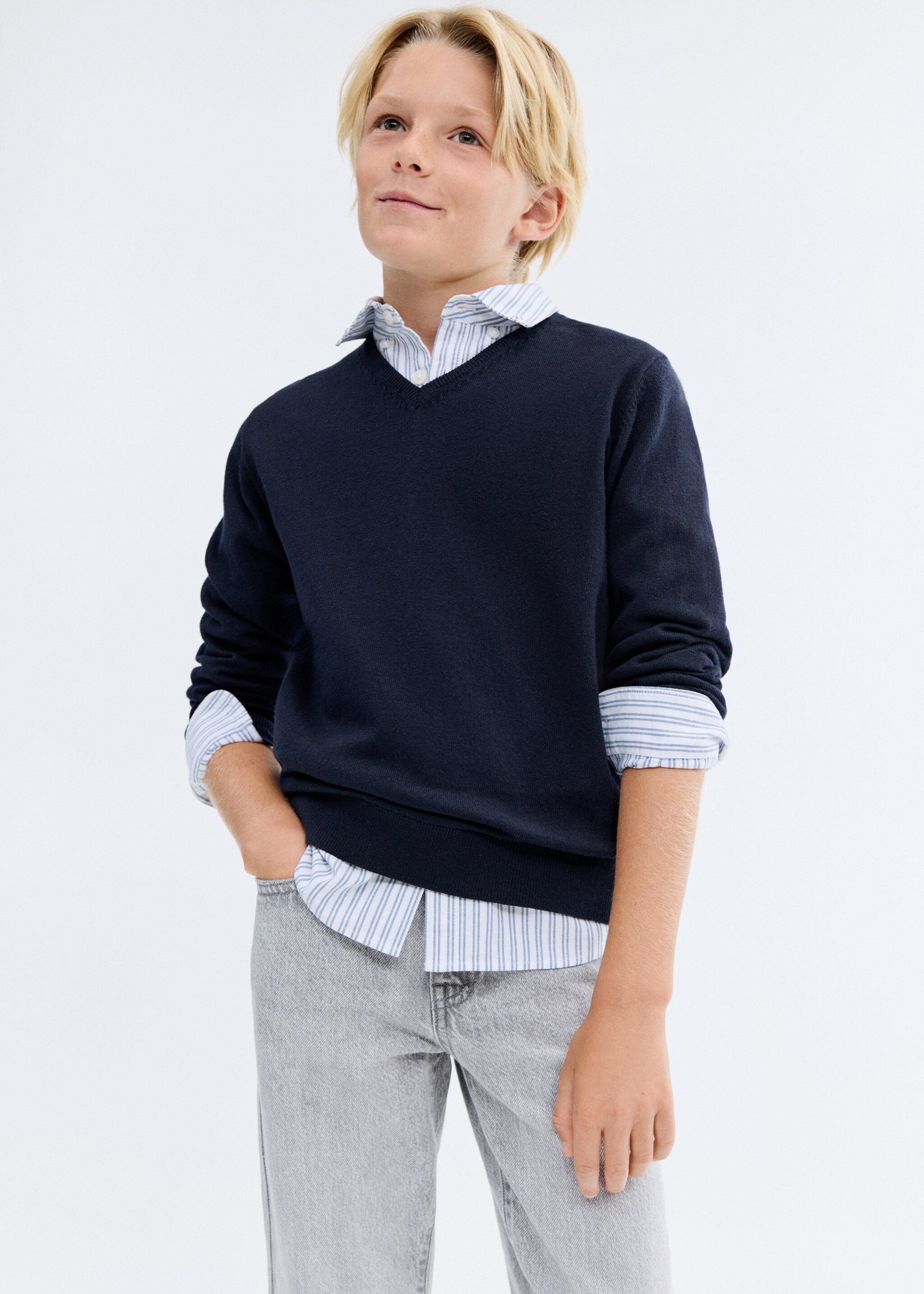 V-neck cotton sweater - General plane, Dark Navy. Ref: 17063792-00.
