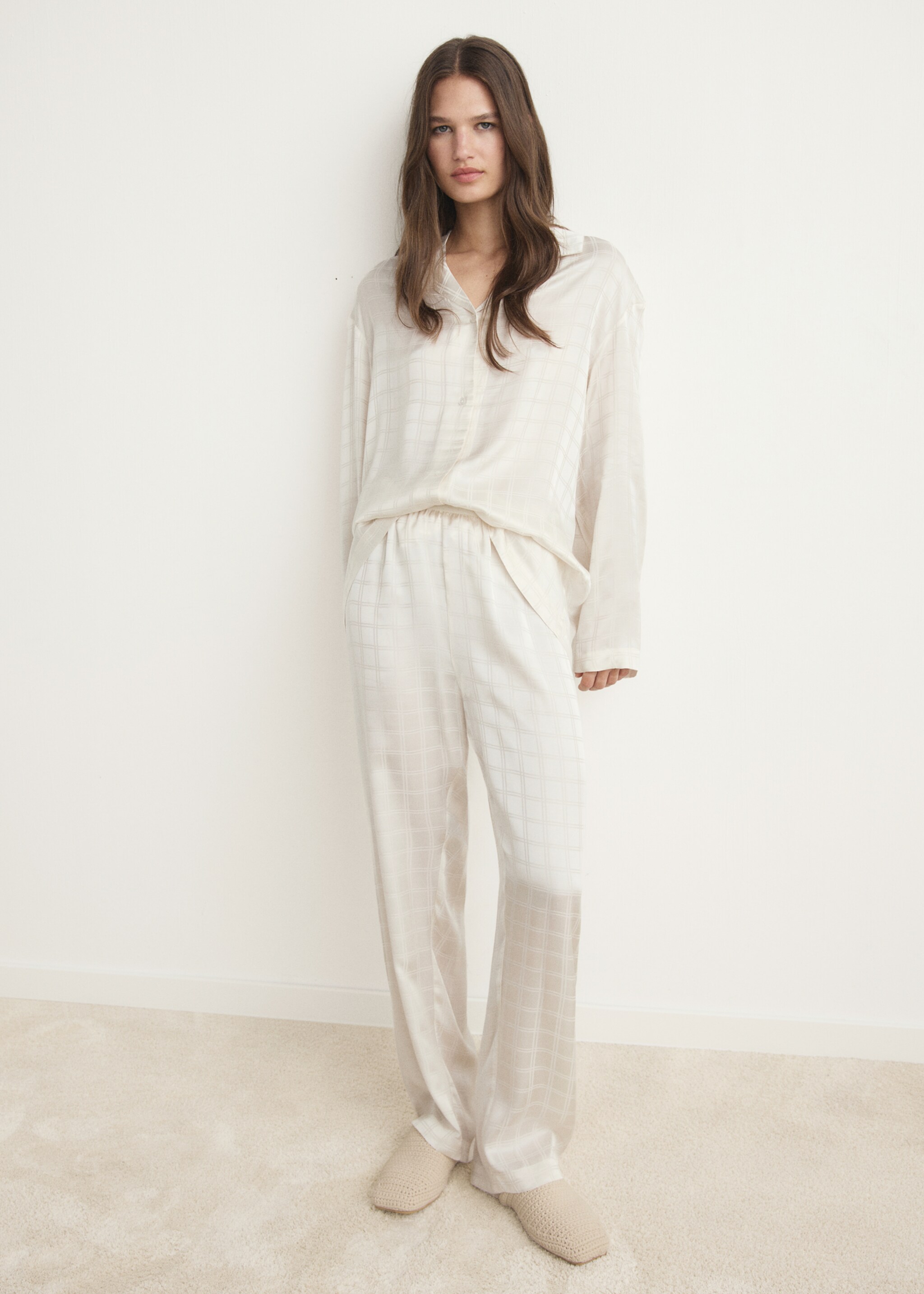 Camisa de pijama xadrez de rayon - Plano geral, Branco-marfim. Ref: 17064108-00.